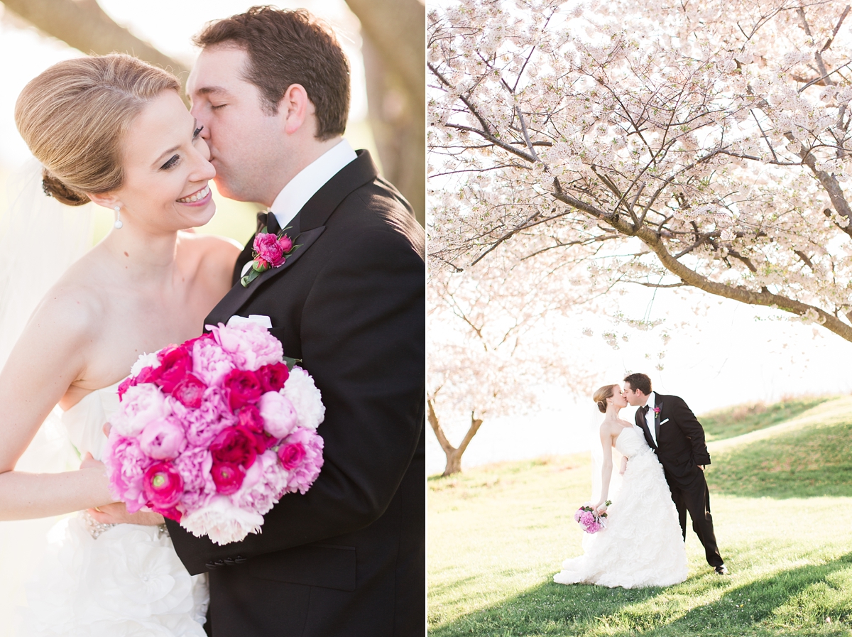 A stunning black tie spring wedding full of stunning pink cherry blossom flowers at Kingsmill Resort on the James River in Williamsburg, VA. 