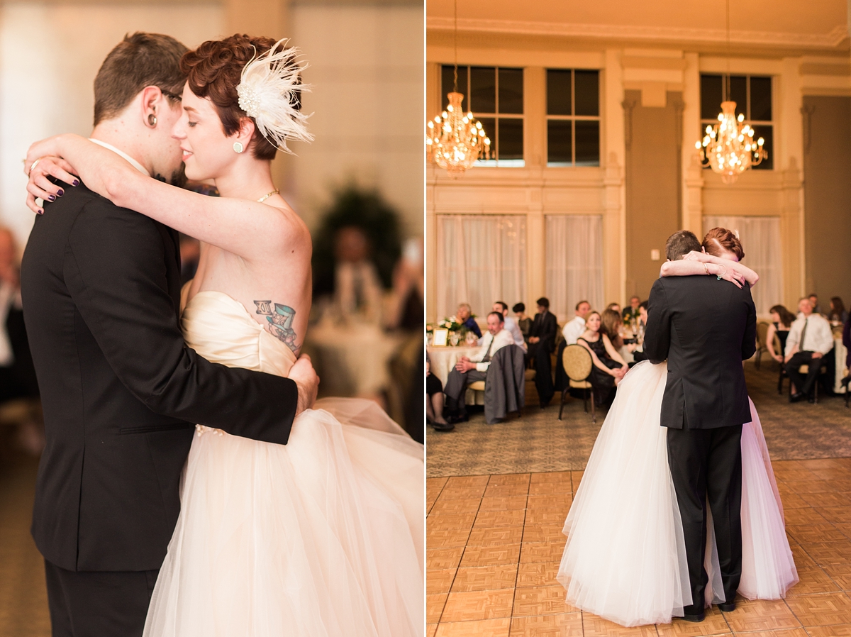 A classic and timeless winter wedding at John Marshall Ballroom in Richmond, VA where the bride wore a stunning, soft pink, Lazaro dress.