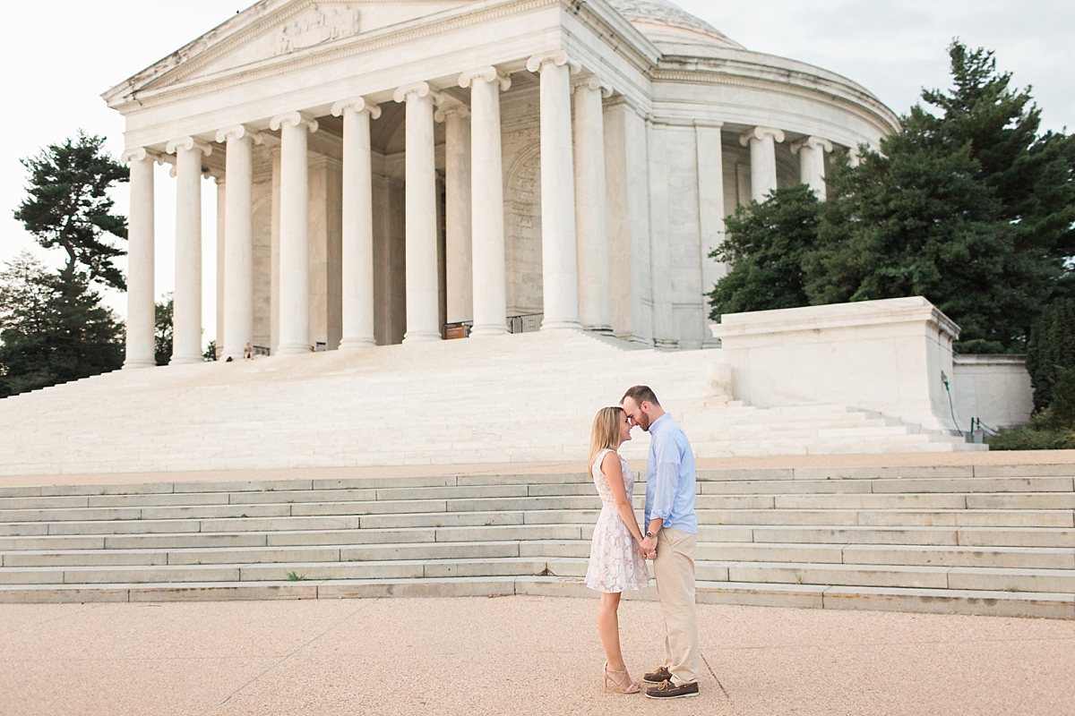 A classic sunrise engagement session at the Jefferson Memorial and Nationals Park in Washington, DC with one stylish couple.