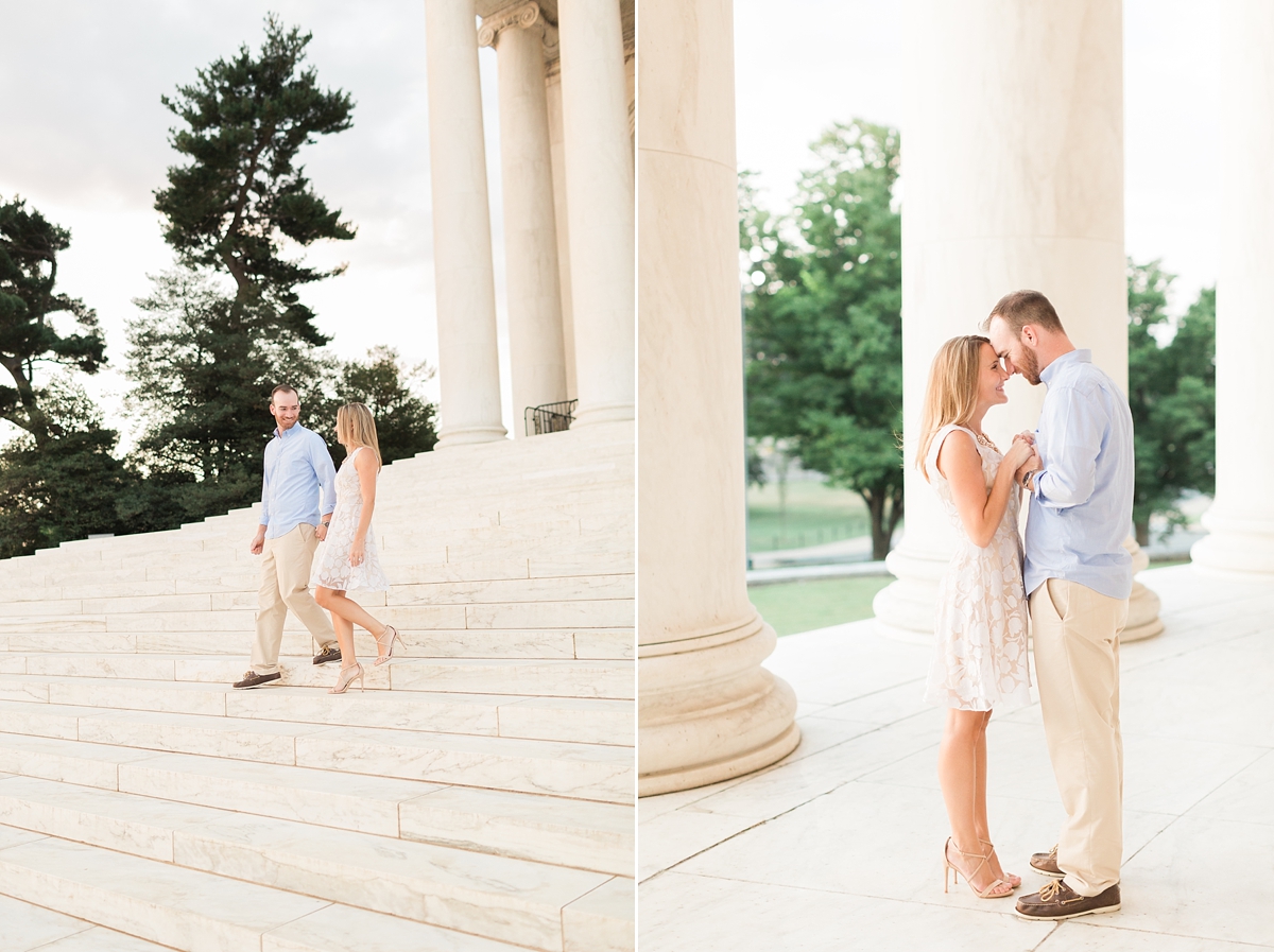A classic sunrise engagement session at the Jefferson Memorial and Nationals Park in Washington, DC with one stylish couple. 