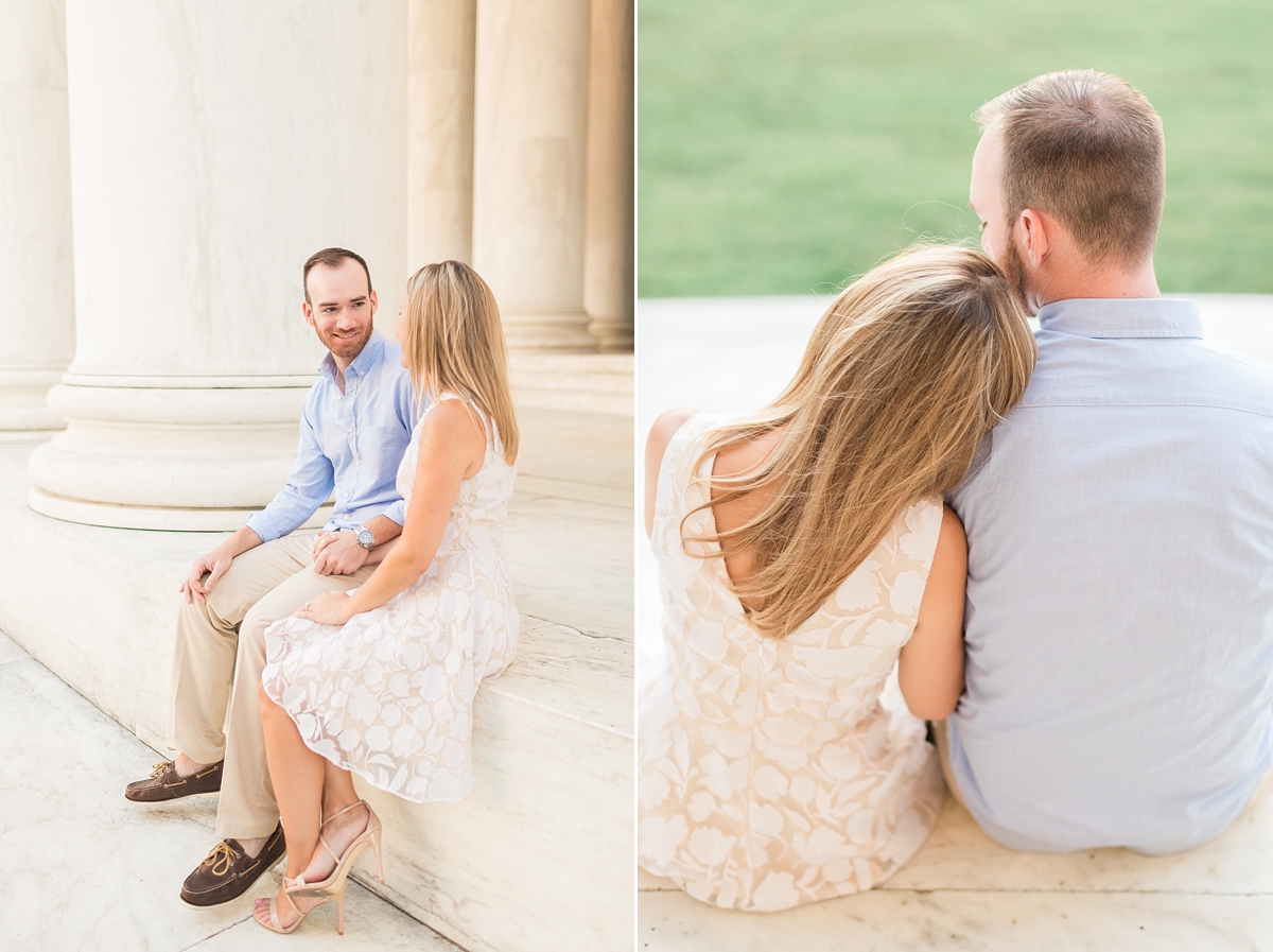 A classic sunrise engagement session at the Jefferson Memorial and Nationals Park in Washington, DC with one stylish couple. 