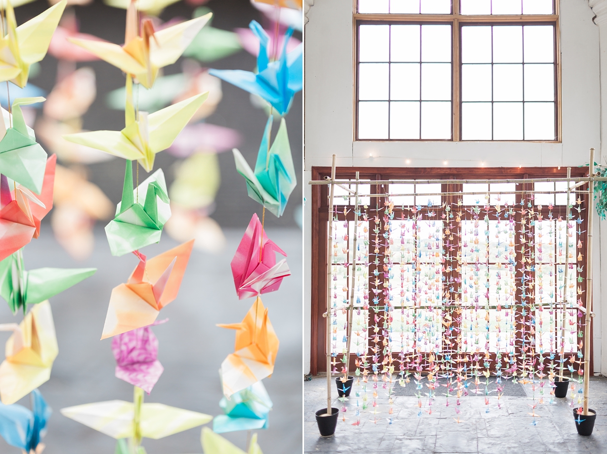 A romantic wedding at Raspberry Plain in Leesburg, VA with unique details including an altar made out of 1000 colorful paper cranes. 