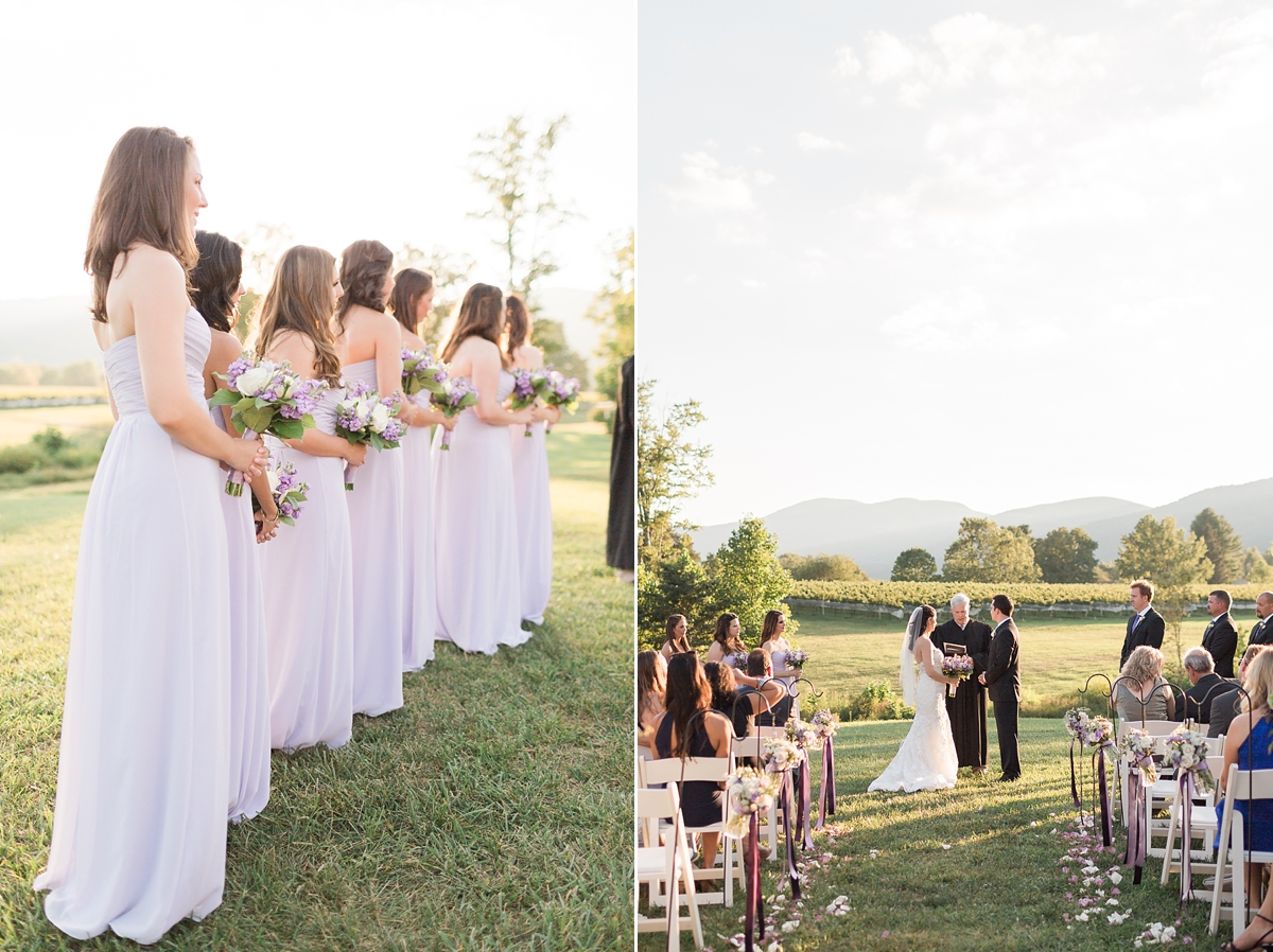 A classic winery wedding at Veritas Vineyards in Charlottesville, Virginia featuring a soft color palette of blue and purple with a stunning sunset ceremony. 