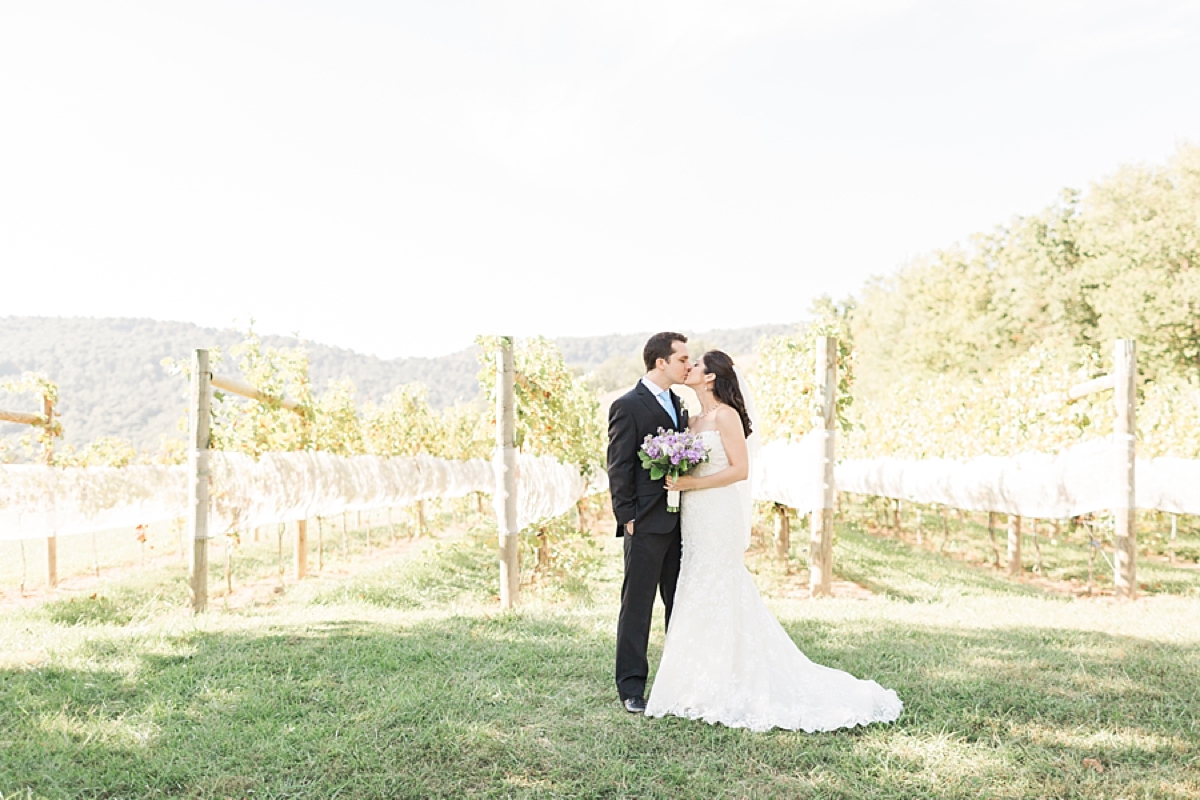 A classic winery wedding at Veritas Vineyards in Charlottesville, Virginia featuring a soft color palette of blue and purple with a stunning sunset ceremony.
