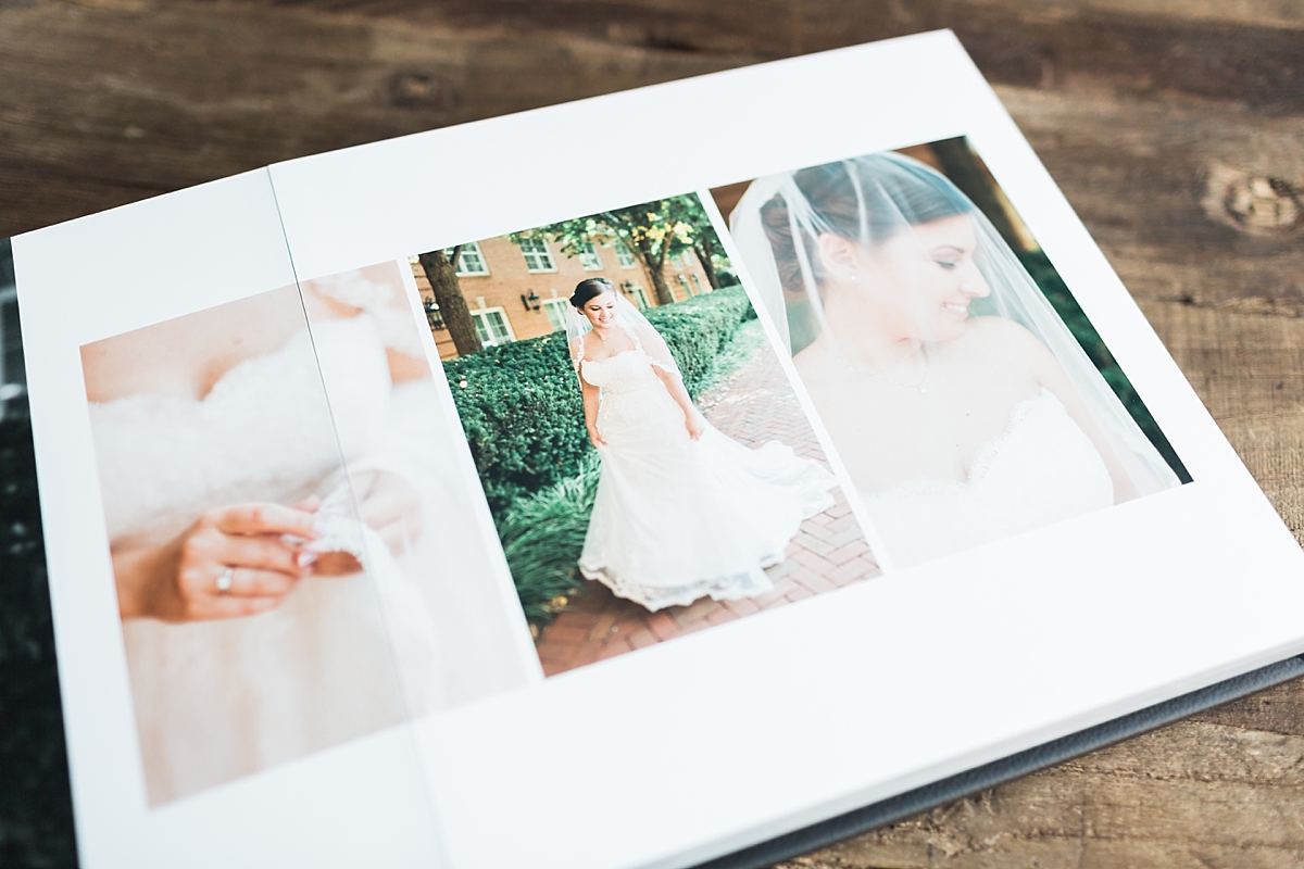 A professional lay flat album designed for a wedding at Westfields Golf Club in Clifton, VA.