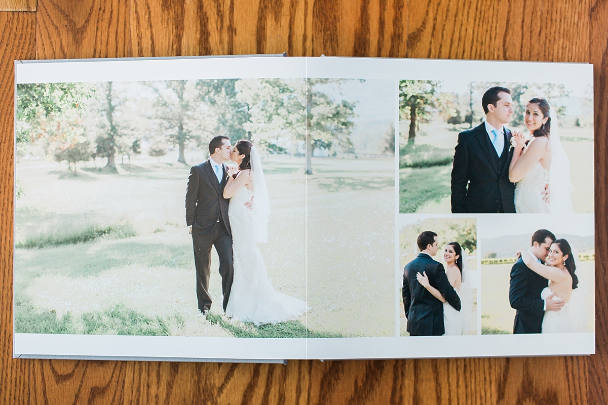 A professional lay flat album designed for a wedding at Veritas Vineyard and Winery in Charlottesville, VA.