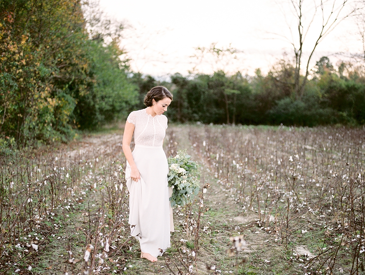A Washington, DC wedding photographer captured a fine art film bridal editorial at a private cotton plantation outside of Richmond, VA.