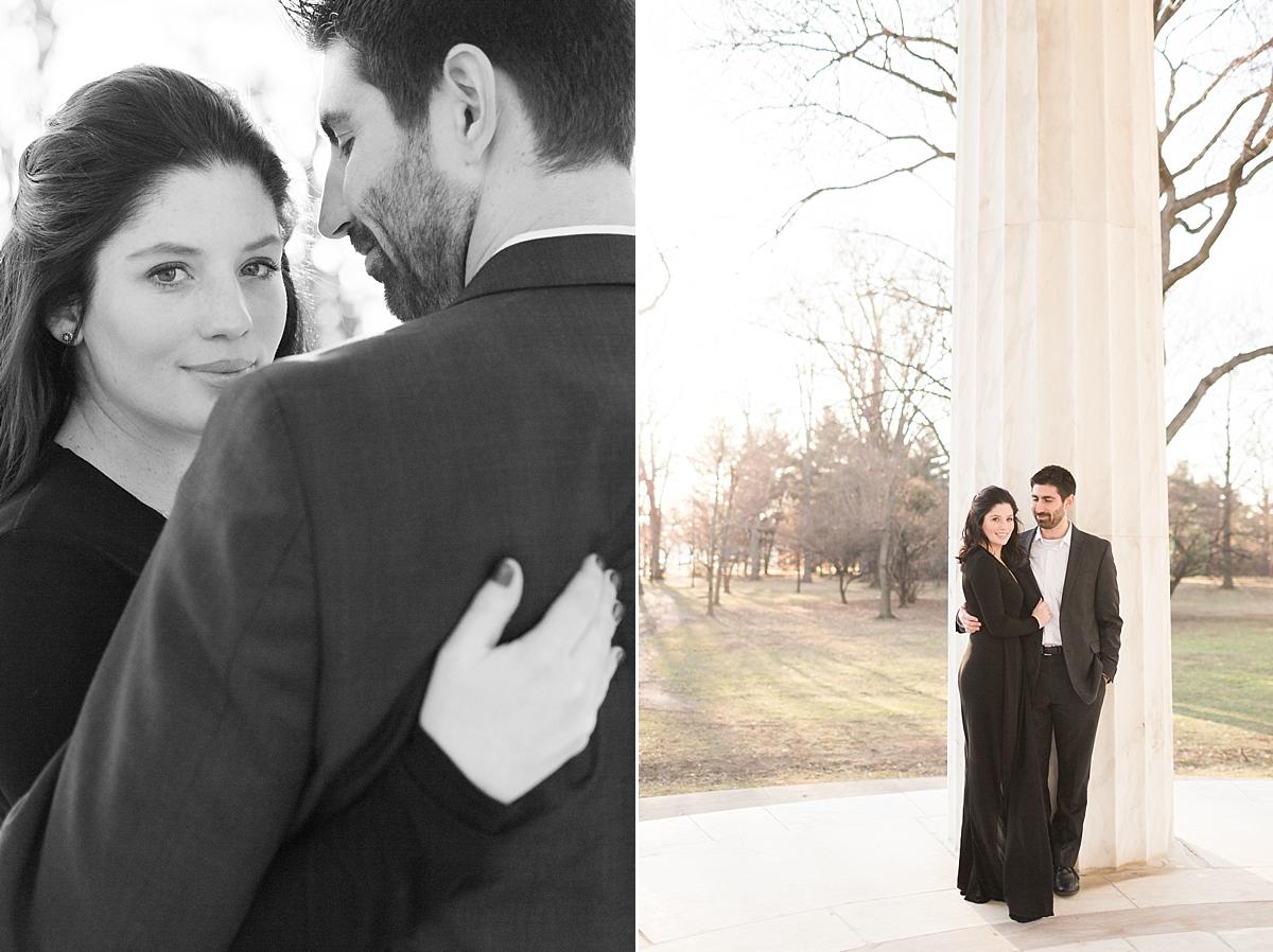 A Washington, DC wedding photographer heads downtown to the classic Library of Congress and DC War Memorial for a winter engagement session filled with sun. 