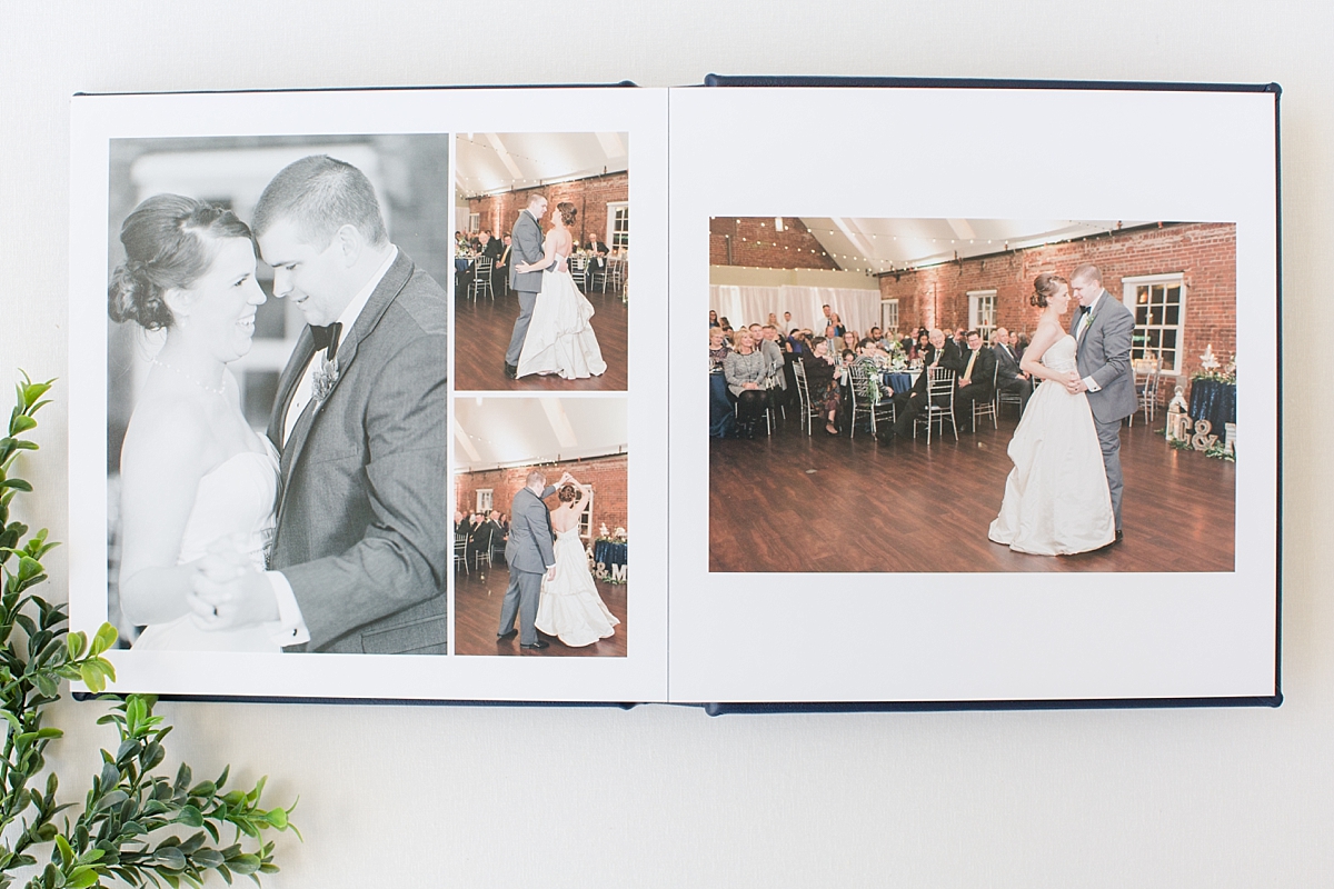 A luxurious Legacy Wedding Album in navy top grain leather from a wintry December wedding in Chapel Hill, NC on the campus of UNC.