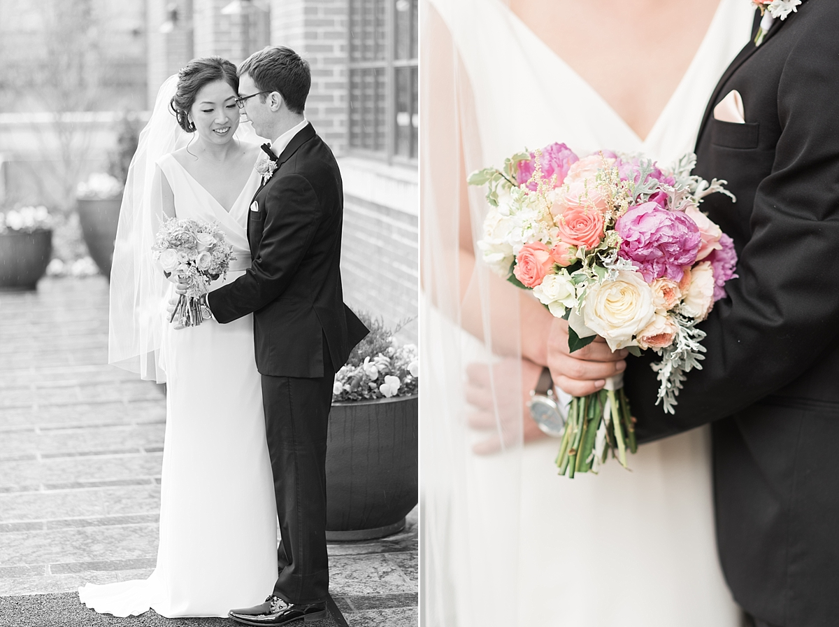 A soft and romantic spring wedding photographed at Top of the Town in Arlington, VA with an amazing city view of downtown Washington, DC.