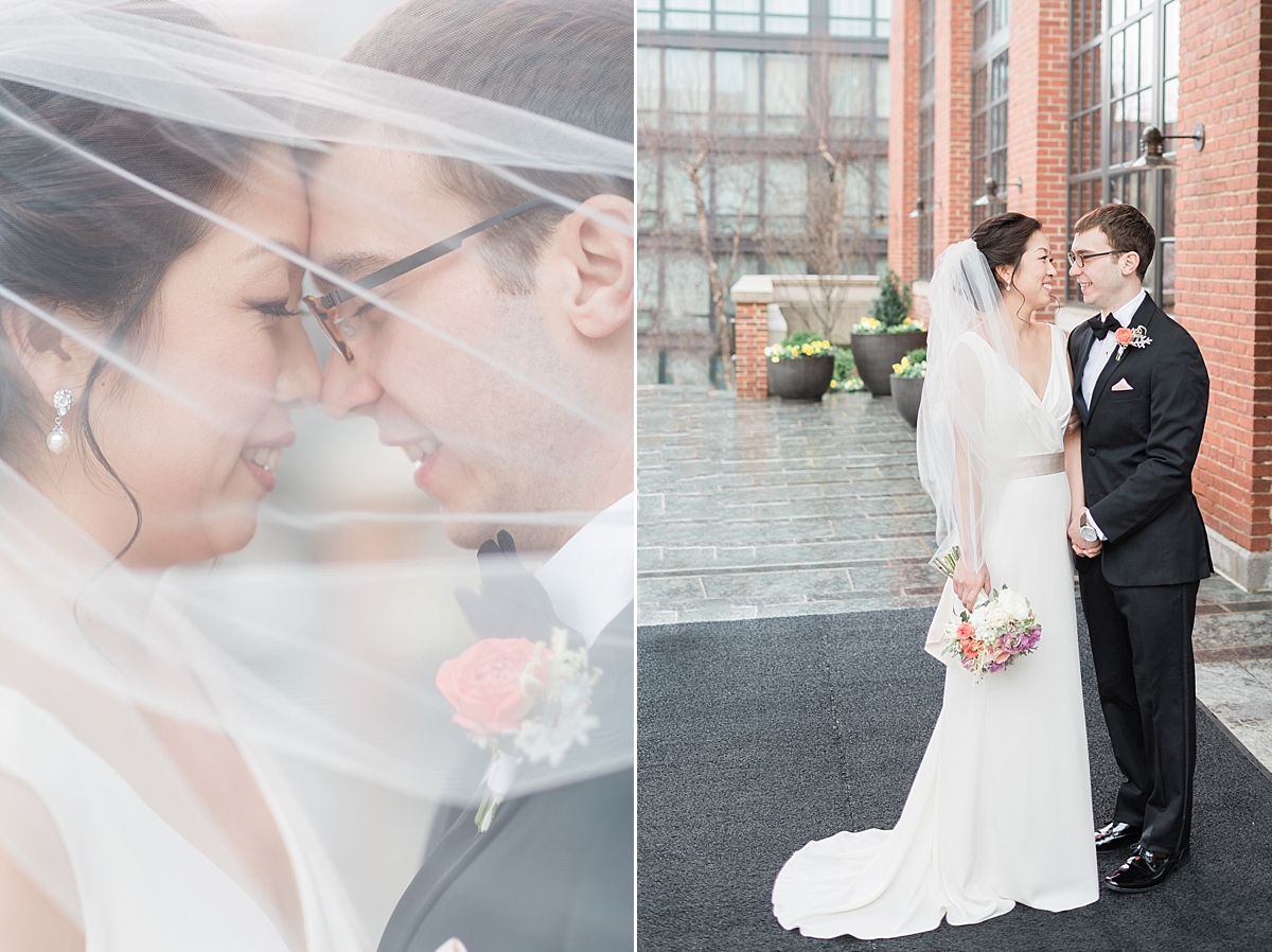 A soft and romantic spring wedding photographed at Top of the Town in Arlington, VA with an amazing city view of downtown Washington, DC.