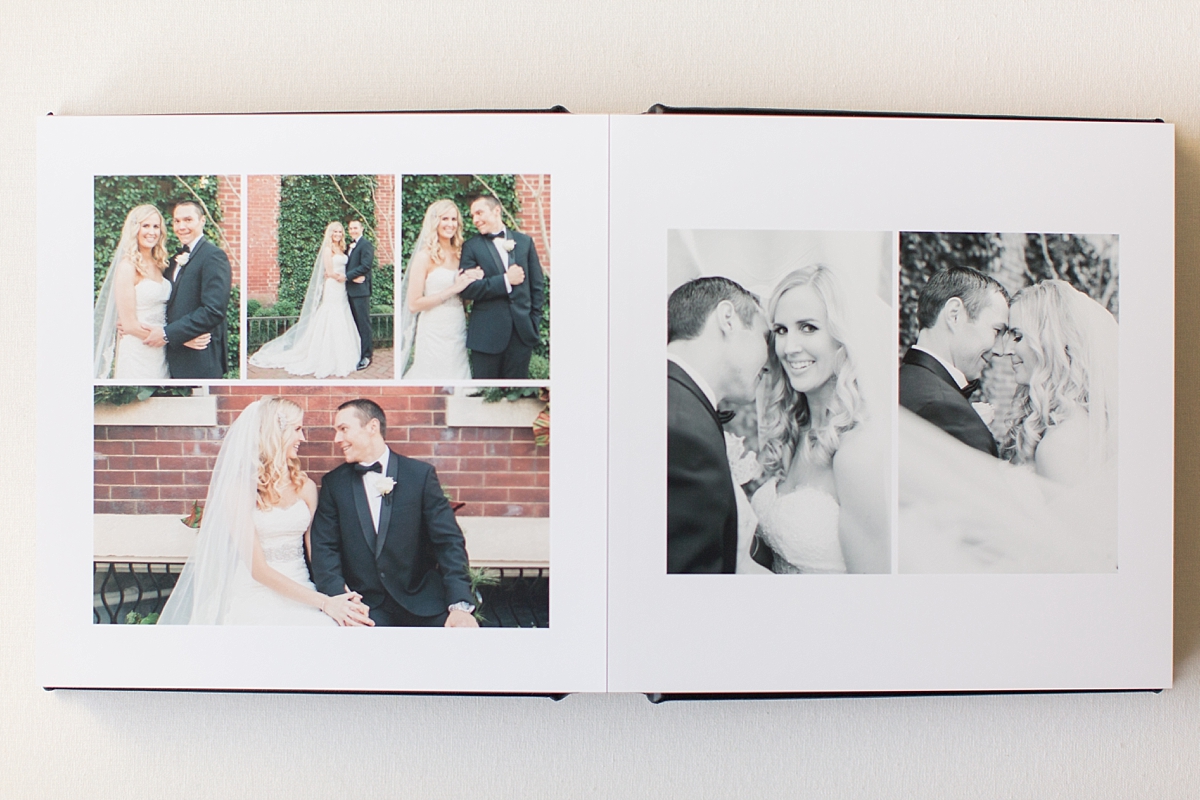 A gorgeous wedding album in a timeless black leather with stunning lay flat spreads designed by Washington, DC wedding photographer, Alicia Lacey. 