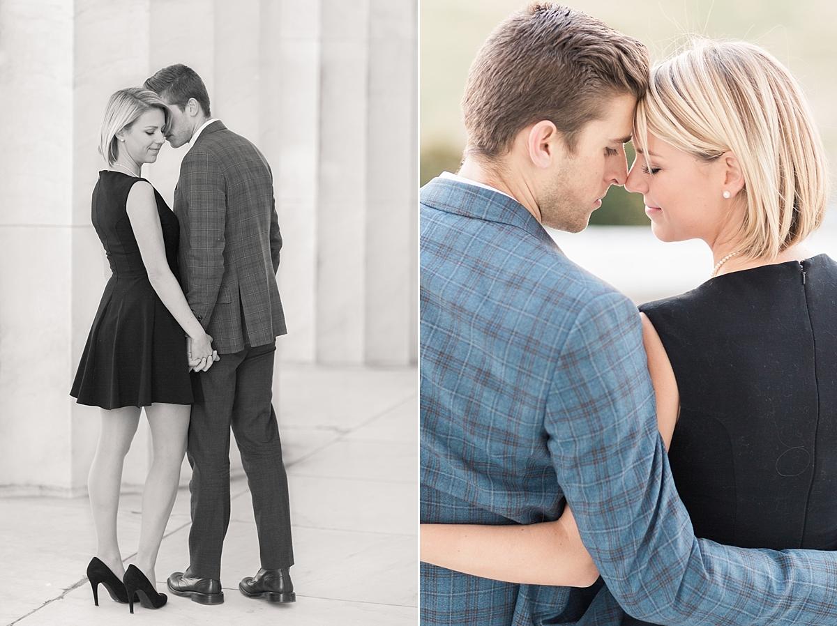 A classic downtown Washington, DC engagement session photographed at the Lincoln Memorial and National Mall with one stylish couple and their adorable dog.