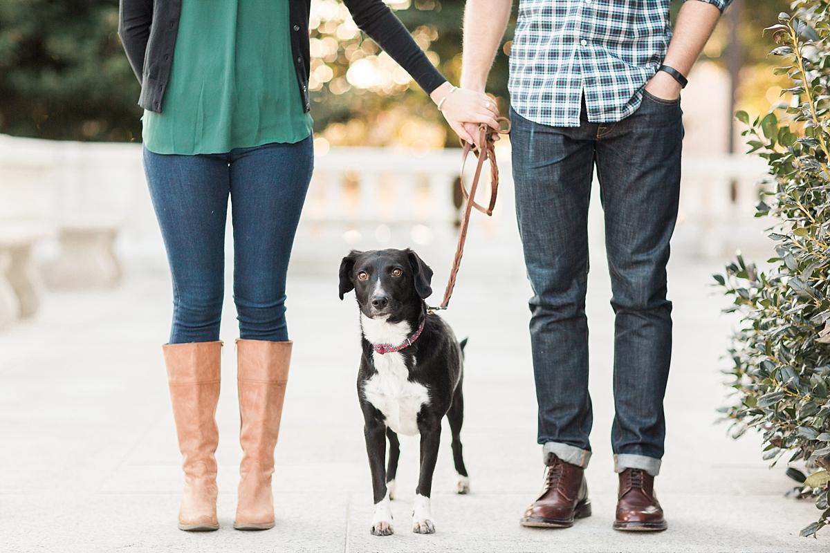 A classic downtown Washington, DC engagement session photographed at the Lincoln Memorial and National Mall with one stylish couple and their adorable dog.