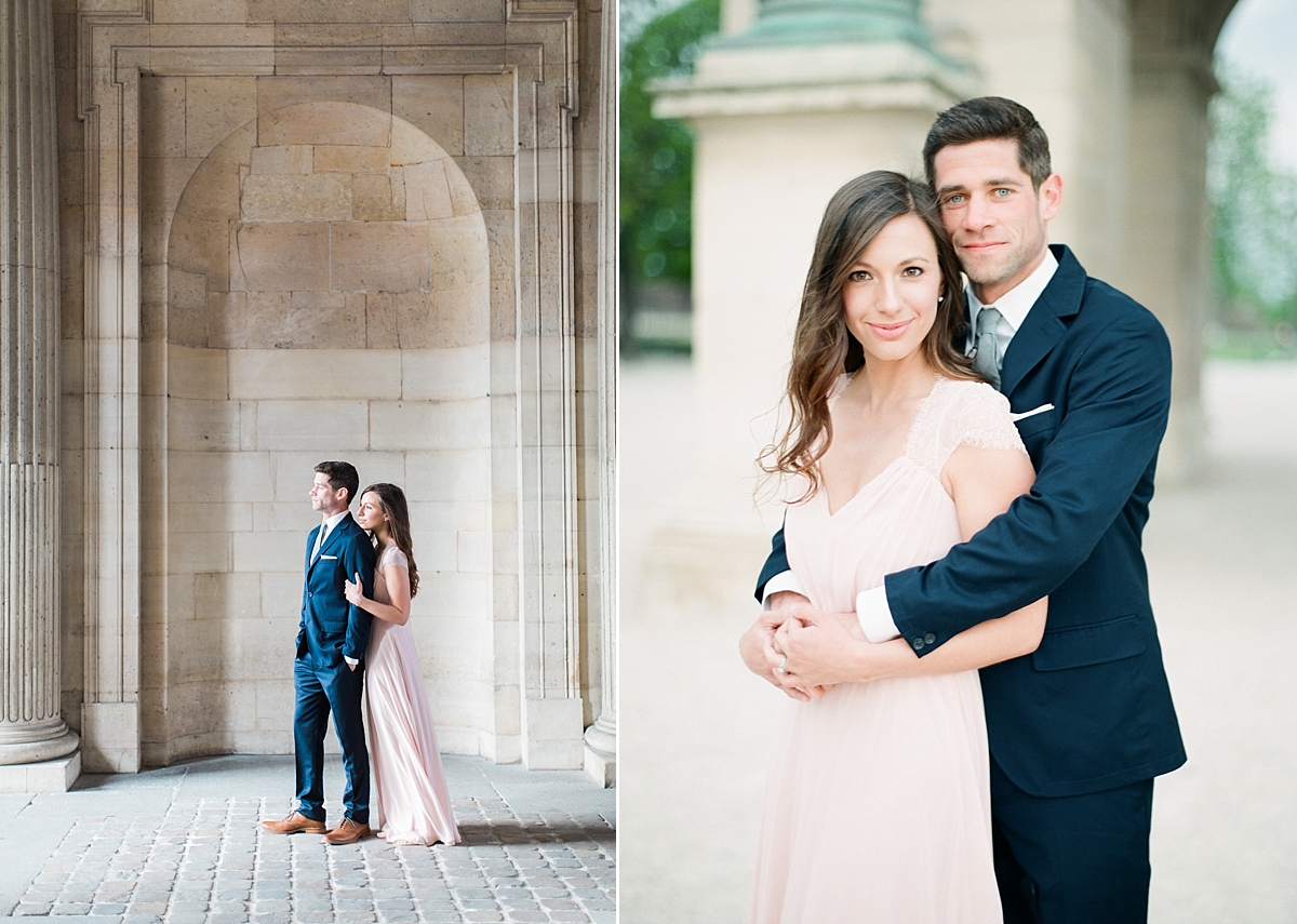 The fifth-anniversary session of Alicia and Rob, photographed by Abby Grace Photography in Paris, France outside the Musee de Louvre and Palais-Royal.