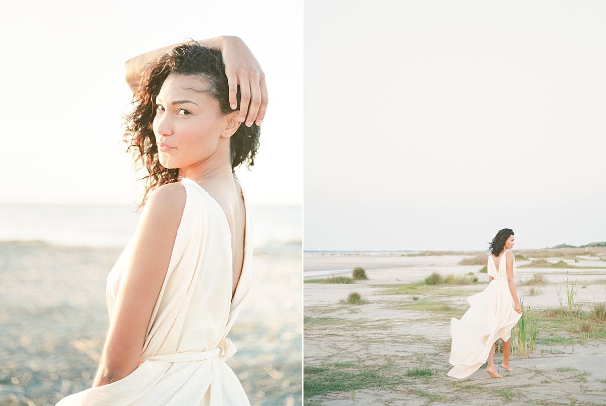 A bride enjoys a moment of quietude on Sullivan's Island beach in Charleston, SC with her Washington, DC wedding photographer before the big day.