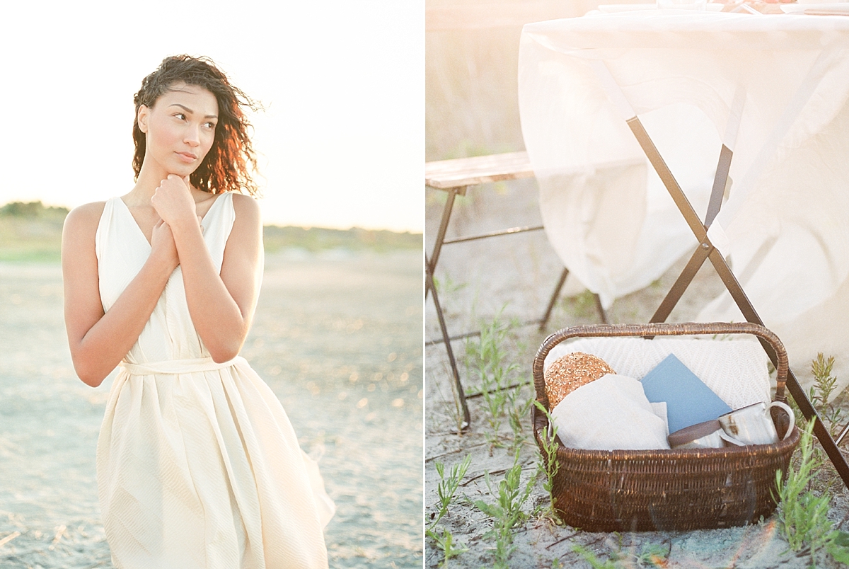A bride enjoys a moment of quietude on Sullivan's Island beach in Charleston, SC with her Washington, DC wedding photographer before the big day.