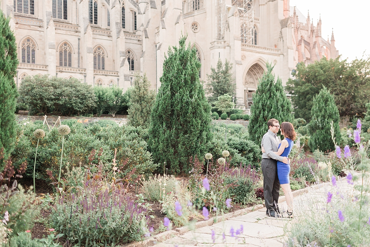 A summery sunrise engagement session in Washington, DC at the historic National Cathedral and Lincoln Memorial. 