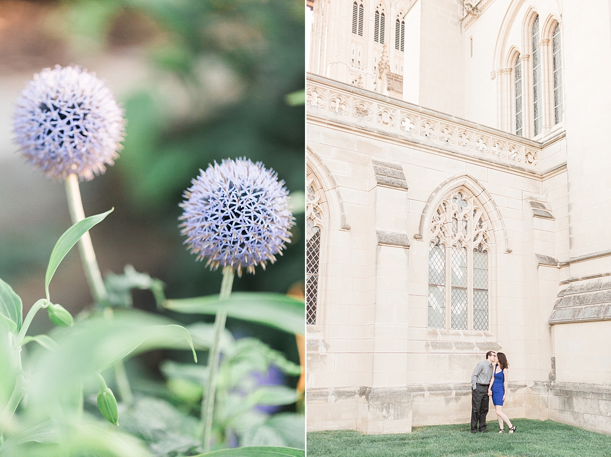 A summery sunrise engagement session in Washington, DC at the historic National Cathedral and Lincoln Memorial. 
