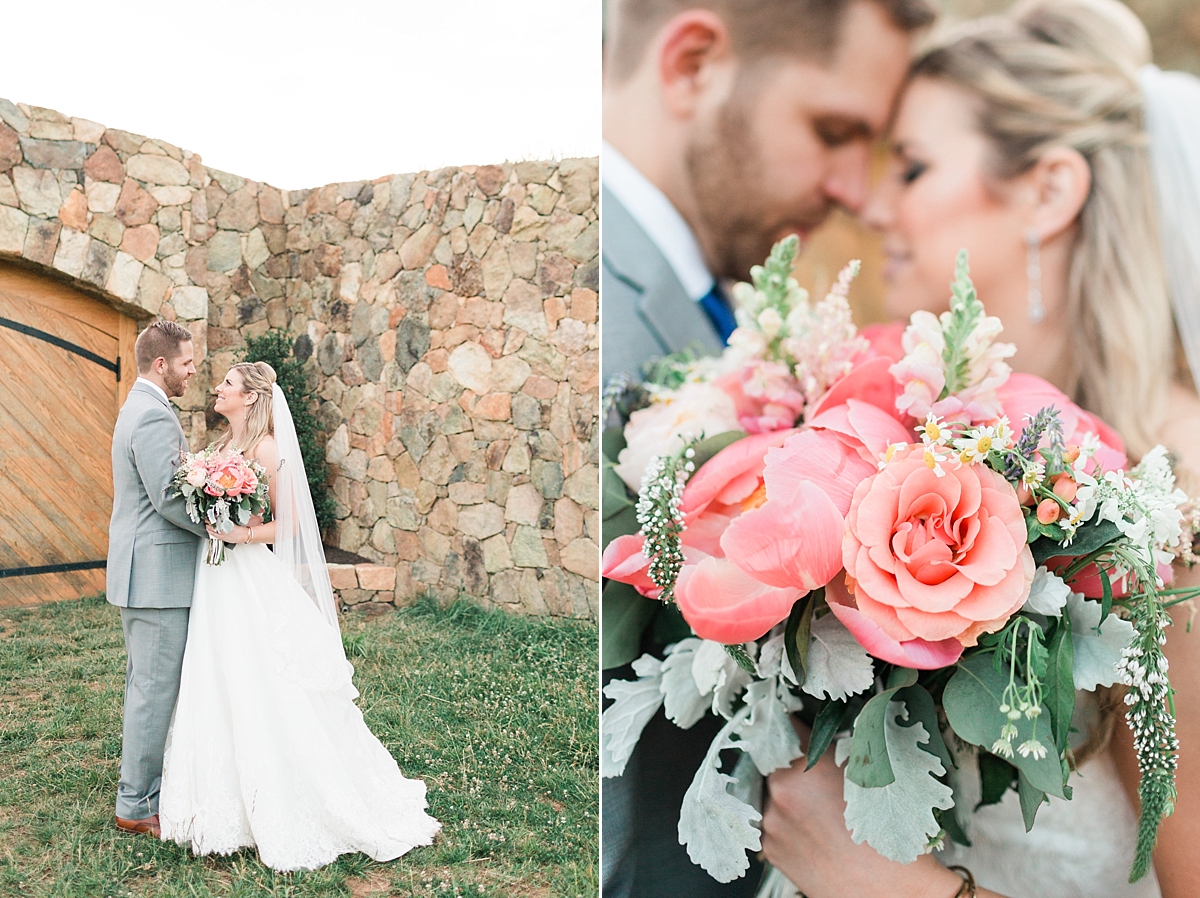 A gorgeous vineyard wedding photographed at Stone Tower Winery in Leesburg, VA filled with pops of colorful summer flowers. 