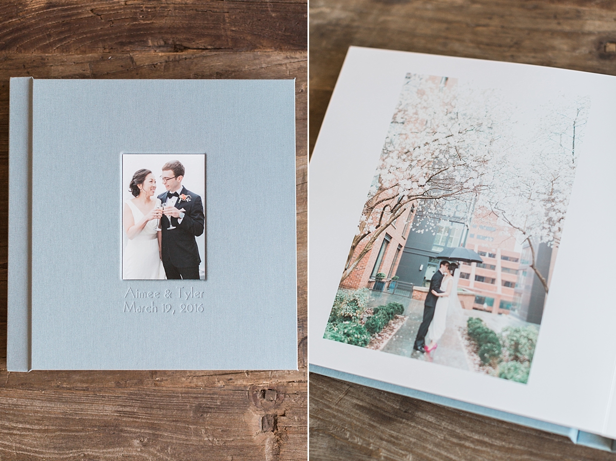 This Washington, DC wedding photographer designed a gorgeous lay-flat linen album from a bride and groom's big day at Top of the Town in Arlington, VA.
