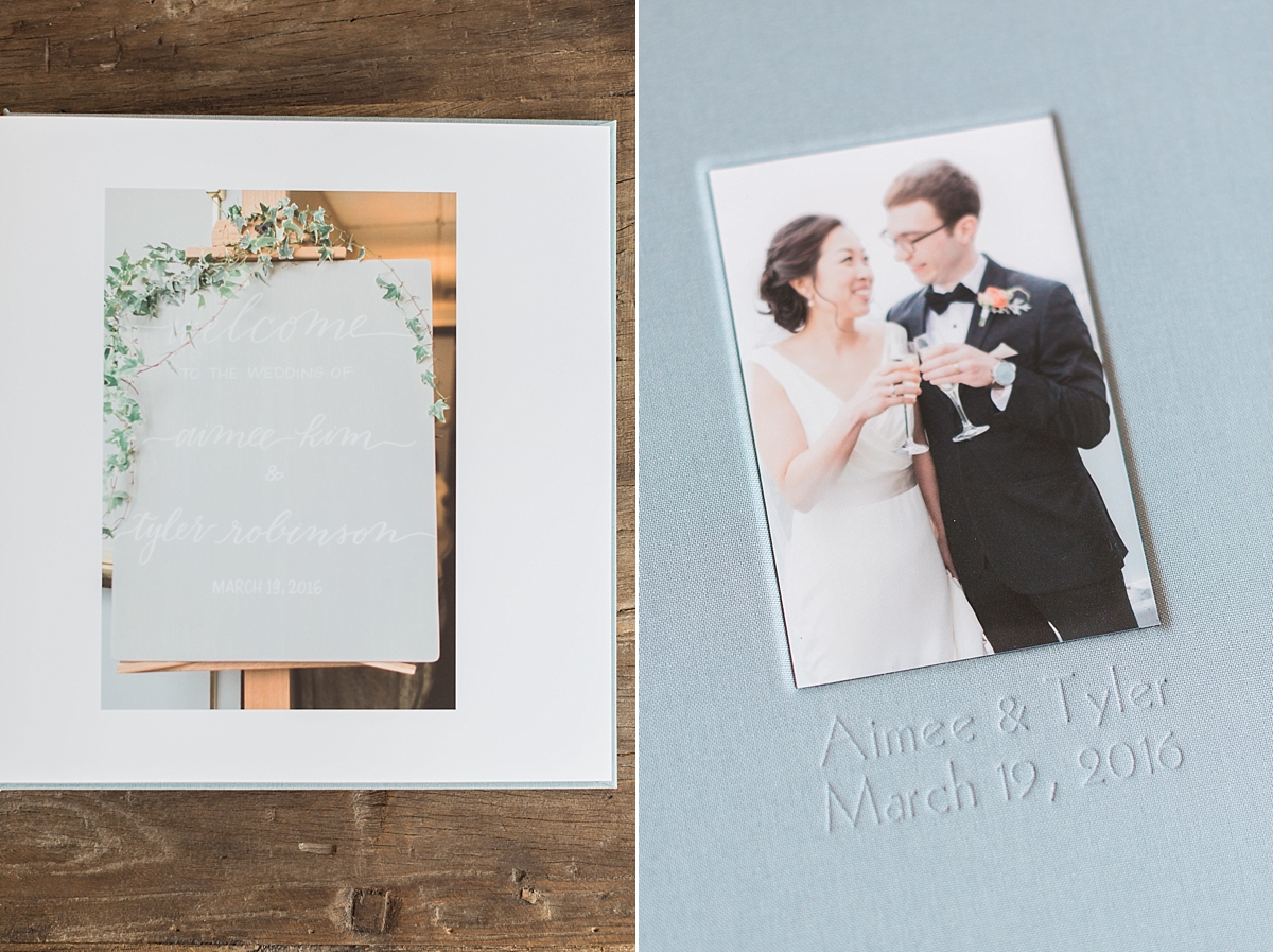 This Washington, DC wedding photographer designed a gorgeous lay-flat linen album from a bride and groom's big day at Top of the Town in Arlington, VA.