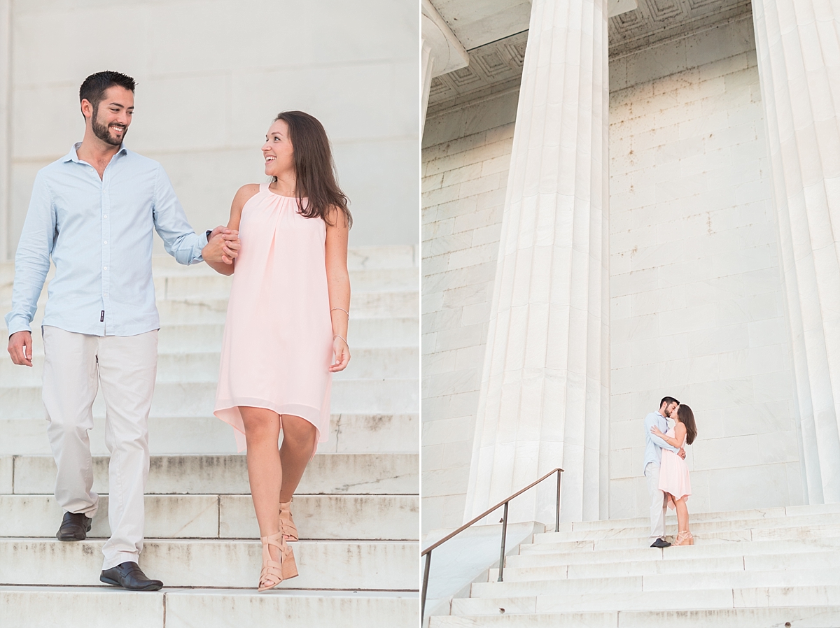 A sun-filled engagement session at the stunning Lincoln Memorial as photographed by Washington, DC wedding photographer, Alicia Lacey. 