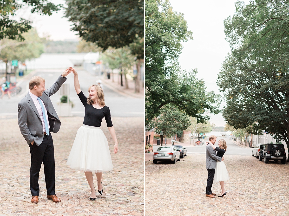 A sunrise engagement session is photographed in Old Town Alexandria, VA on the quaint cobblestone streets by Washington, DC wedding photographer, Alicia Lacey. 