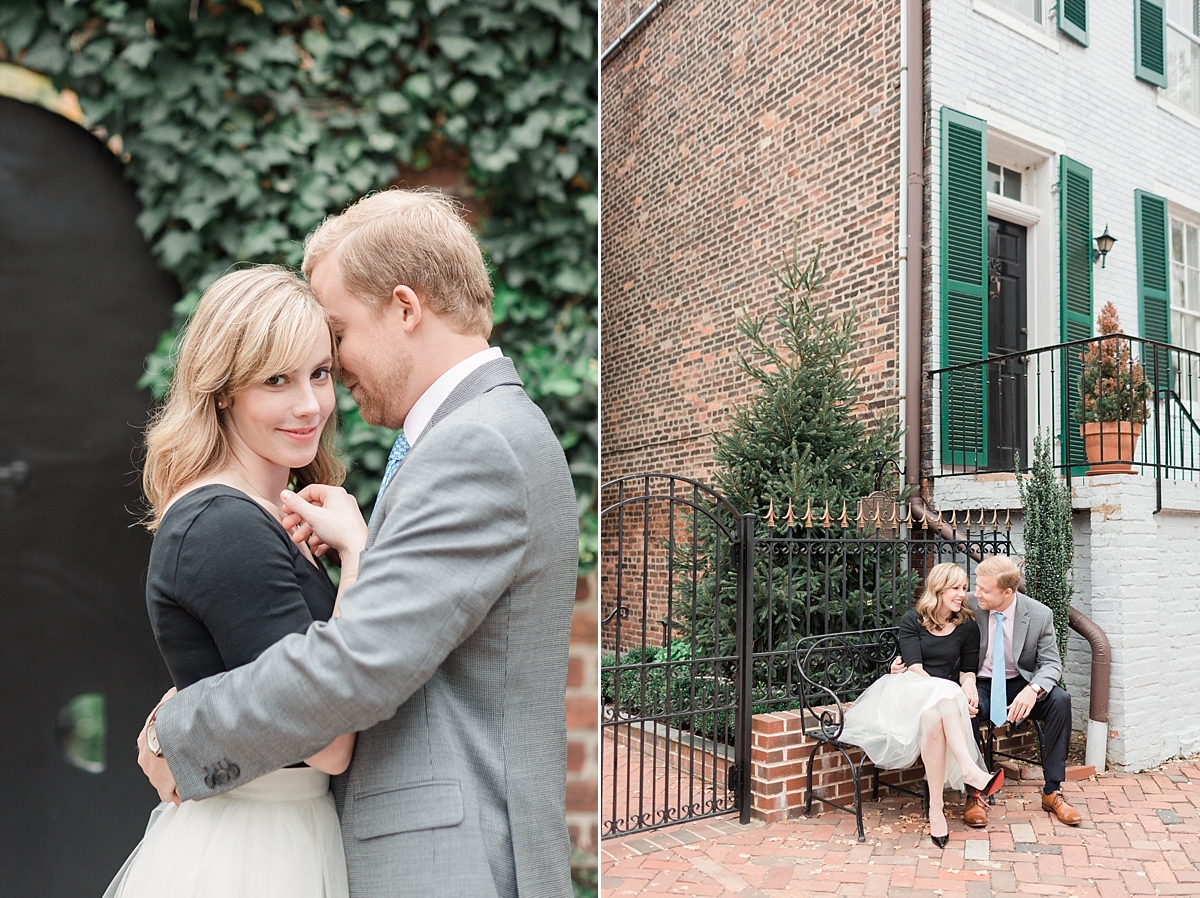 A sunrise engagement session is photographed in Old Town Alexandria, VA on the quaint cobblestone streets by Washington, DC wedding photographer, Alicia Lacey. 