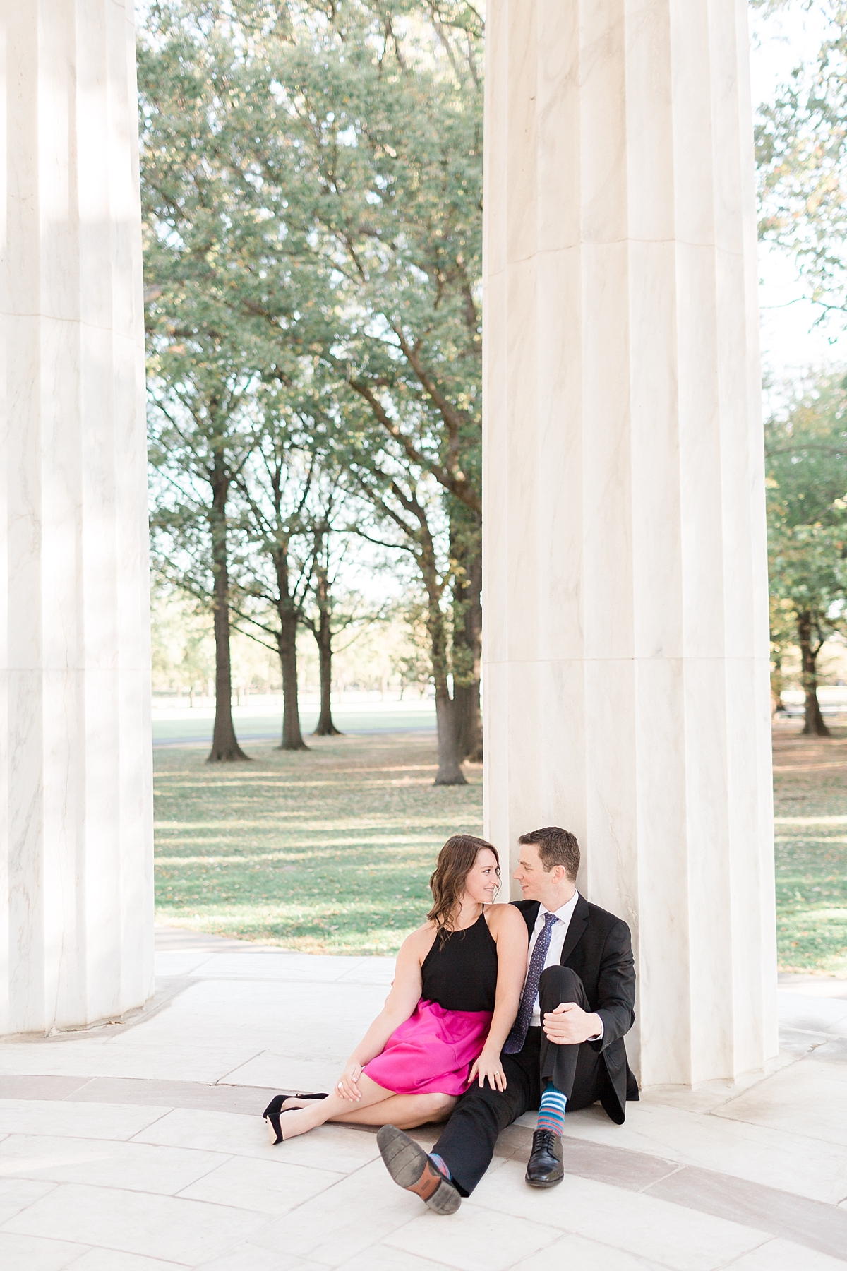 A beautiful set of fall engagement photos at the Lincoln Memorial, DC War Memorial, and National Mall photographed by Washington, DC photographer, Alicia Lacey.