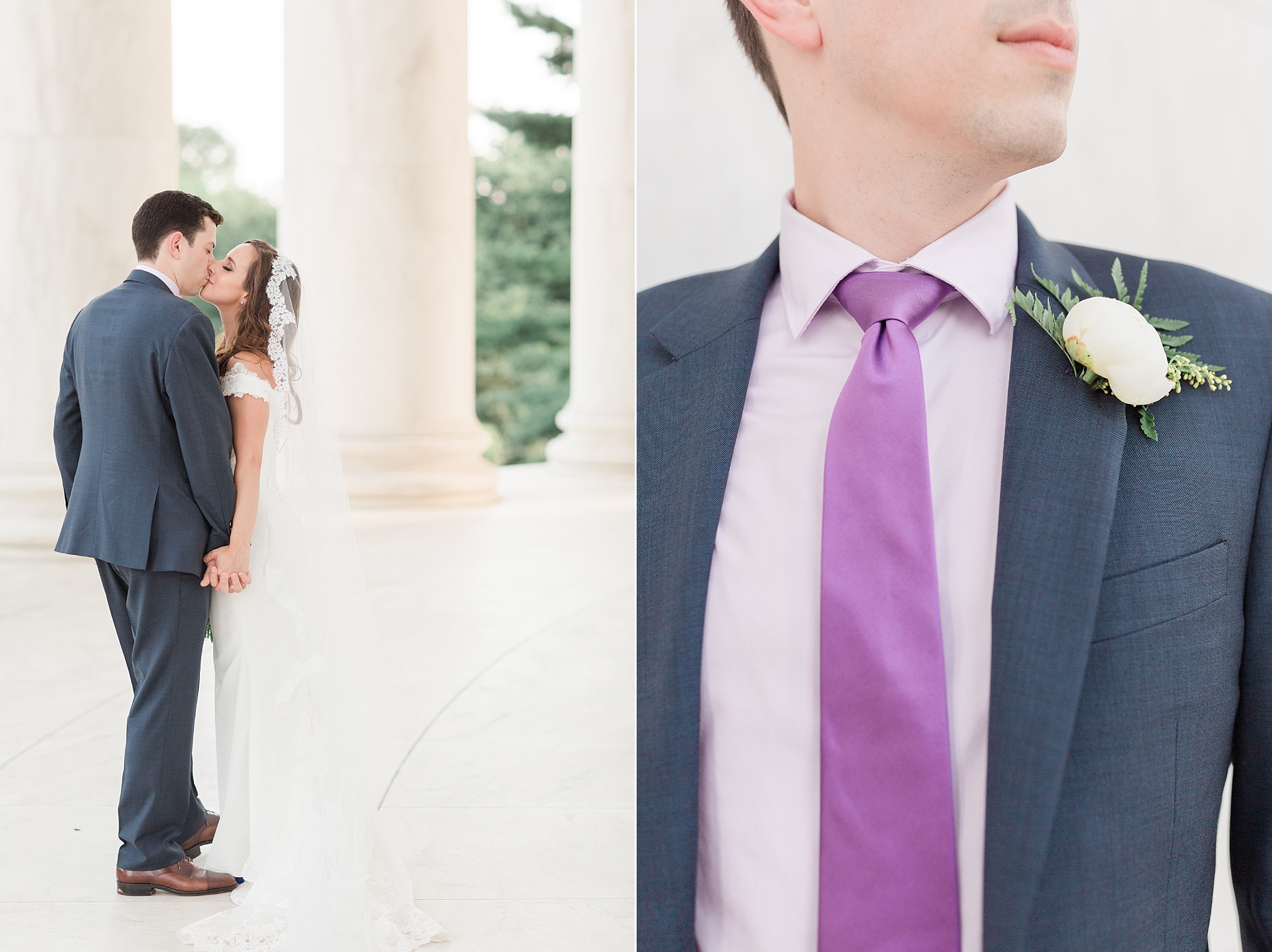 A traditional Catholic wedding ceremony is held in Washington, DC with stunning couple's portraits at the iconic Jefferson Memorial. 