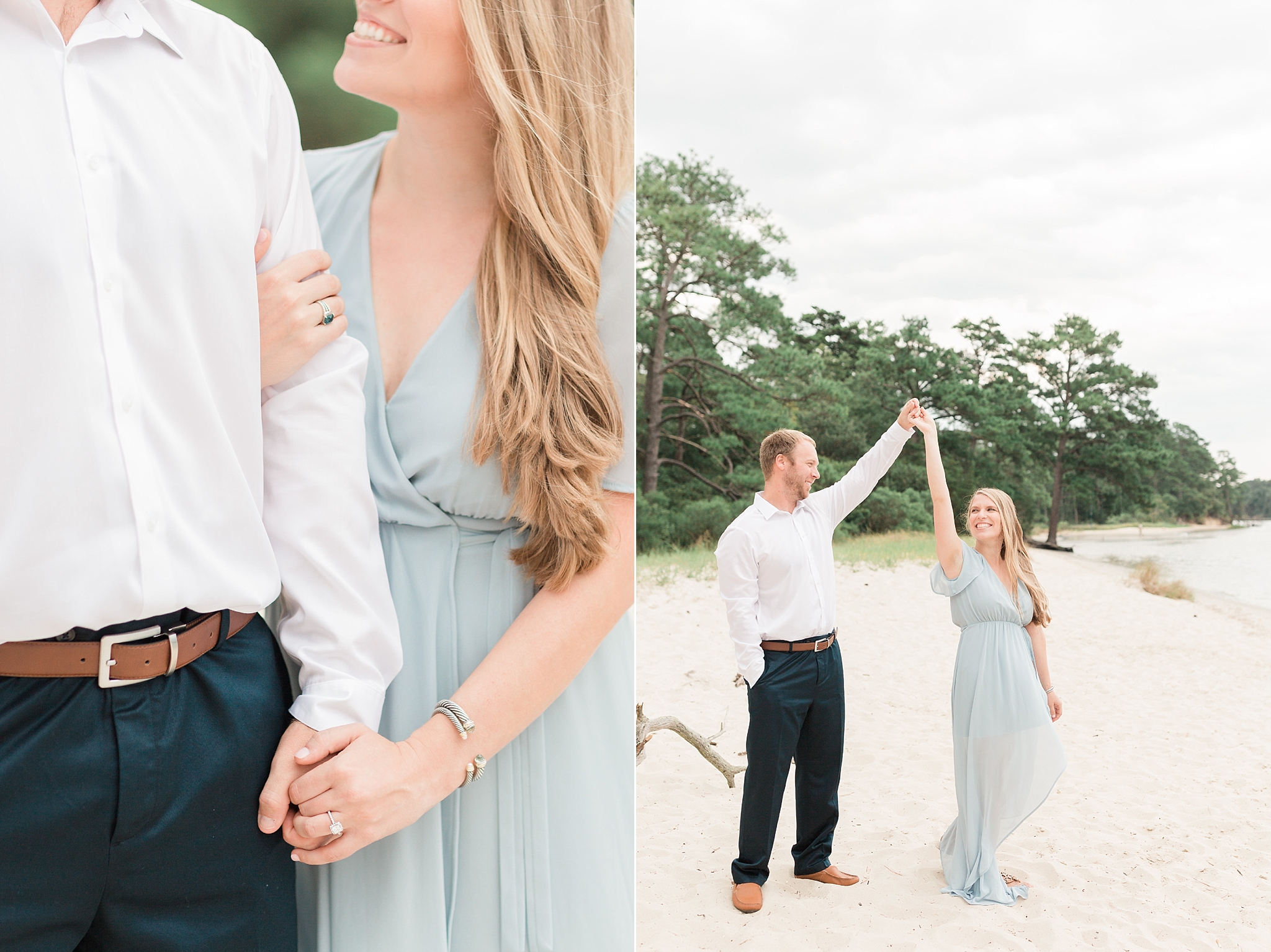 A stylish engagement session is held in the iconic spanish moss and beachfront of First Landing State Park in Virginia. 