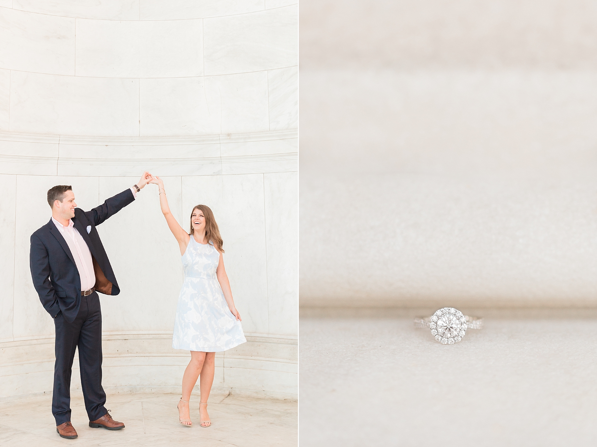 A summer sunrise engagement session is photographed by DC wedding photographer, Alicia Lacey, at the iconic Jefferson Memorial.