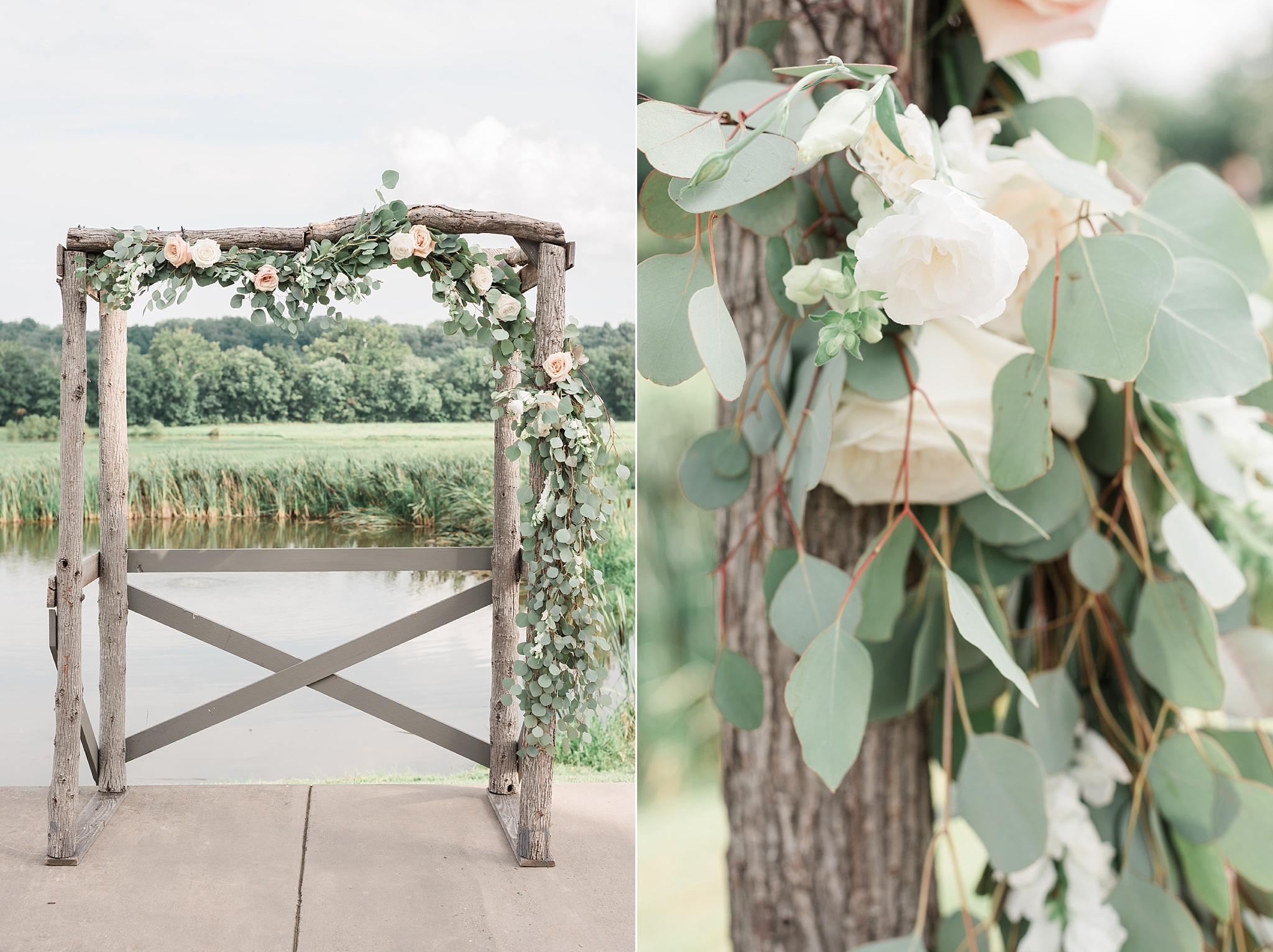 A romantic and chic wedding at Riverside on the Potomac in Leesburg, VA features a neutral palette of creams and greens with a stunning floral chandelier inside the barn!
