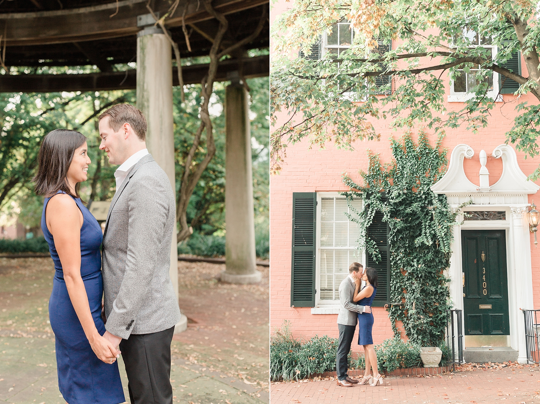 A romantic sunrise engagement session in the Georgetown area of Washington, DC features the stylish couple's Vespa. 