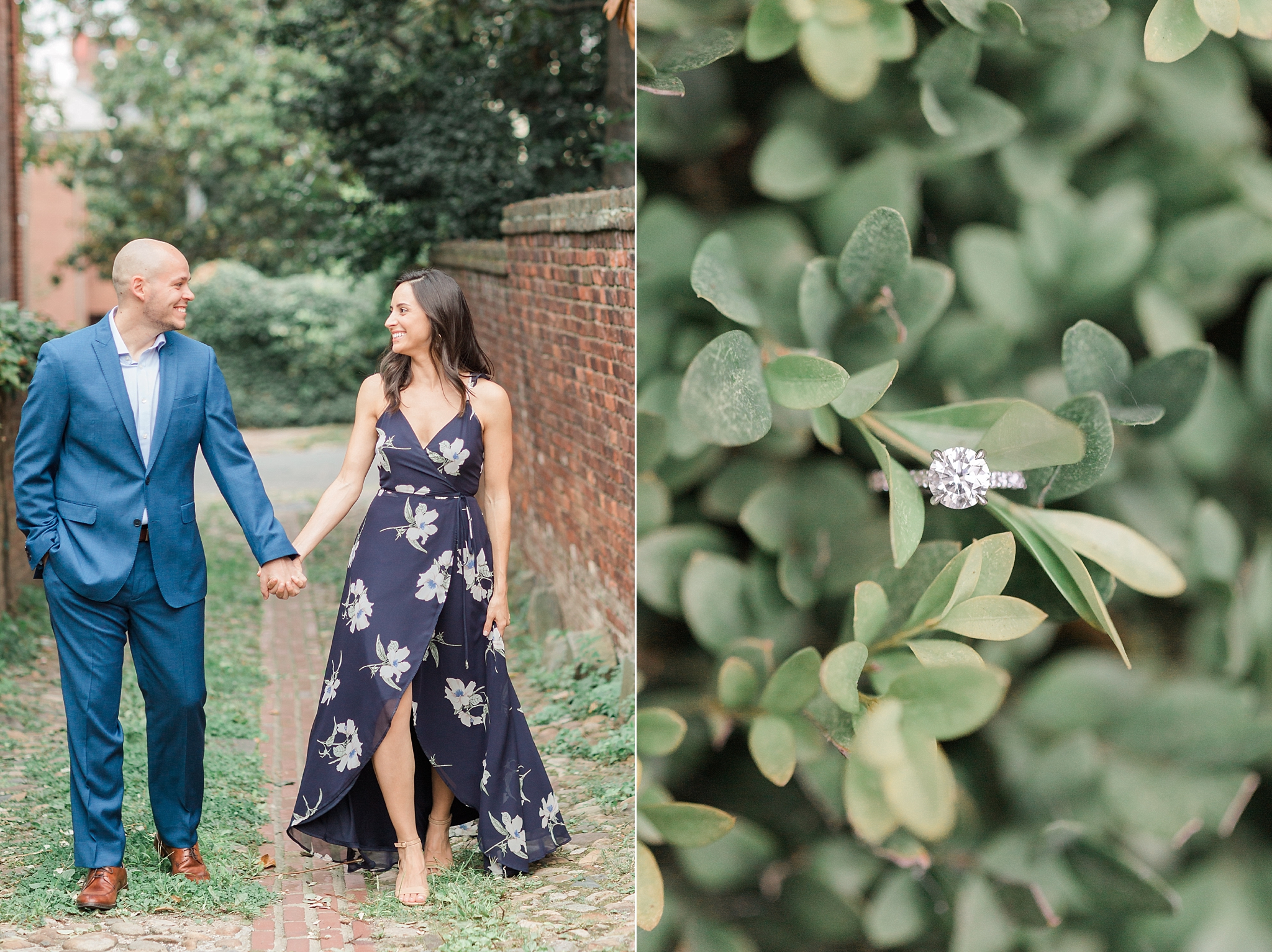 A romantic sunset engagement session in Old Town Alexandria features a stylish couple who is being married at Pippin Hill next summer!