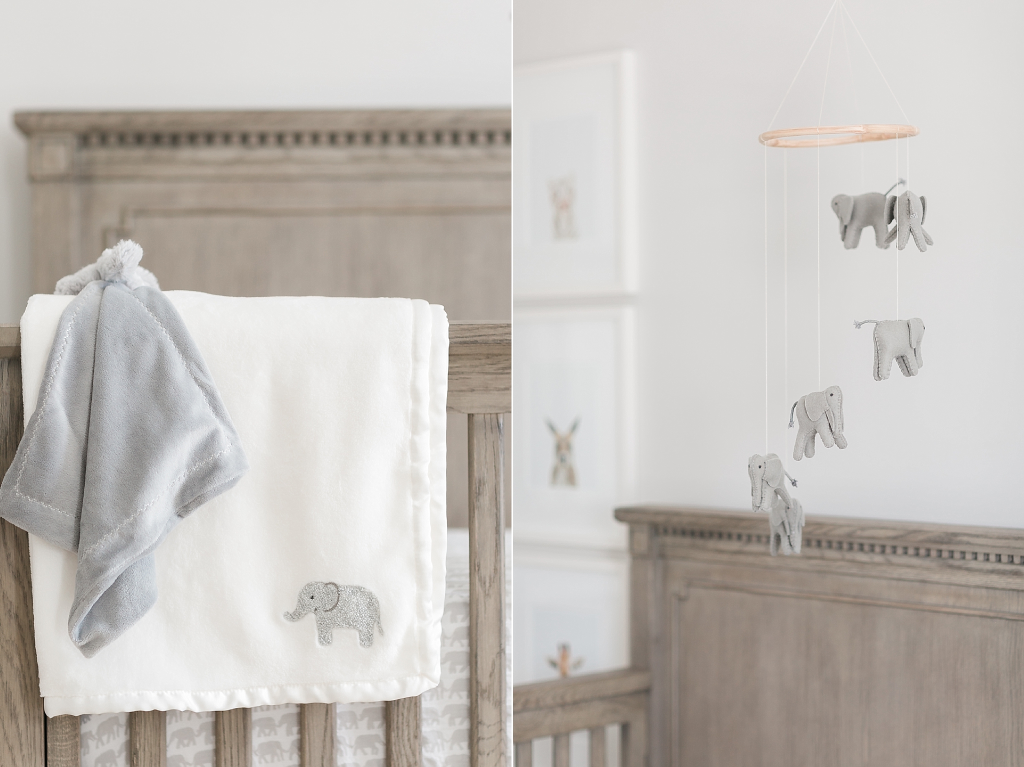 This chic grey and blue nursery for a baby boy features Restoration Hardware furniture, an upgraded closet, and elephant decor. 