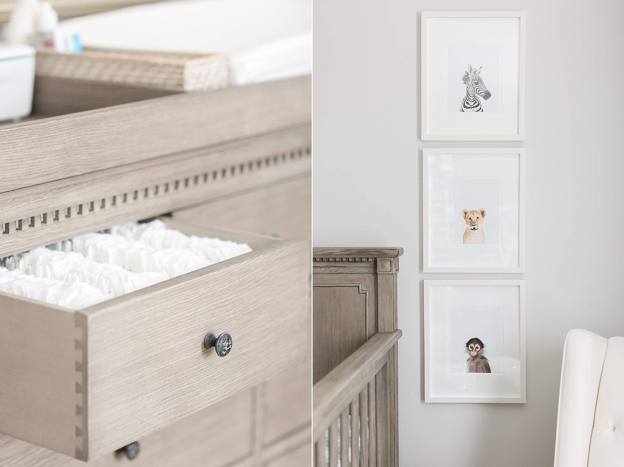 This chic grey and blue nursery for a baby boy features Restoration Hardware furniture, an upgraded closet, and elephant decor. 