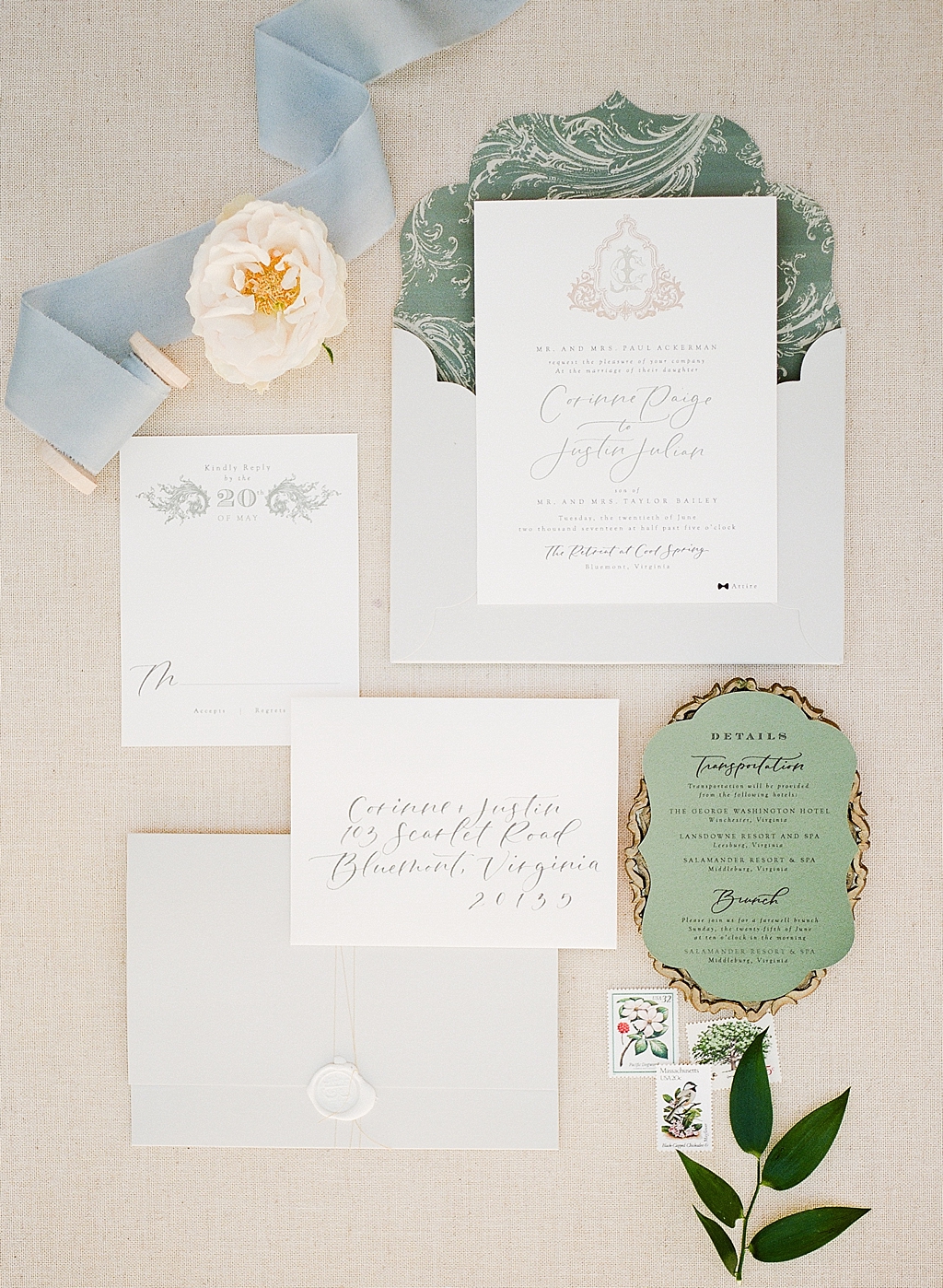 This regal Retreat at Coool Spring wedding features a stately color palette of lush blues, greens, and golds.