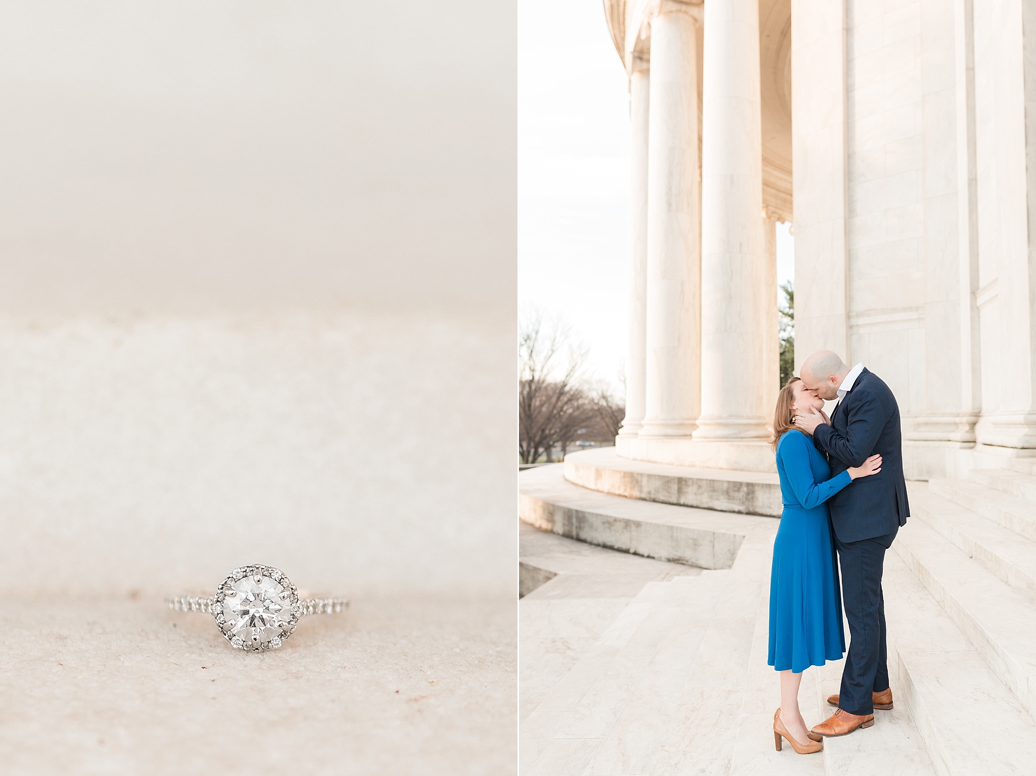 A romantic sunrise engagement session at the iconic Jefferson Memorial in Washington, DC.