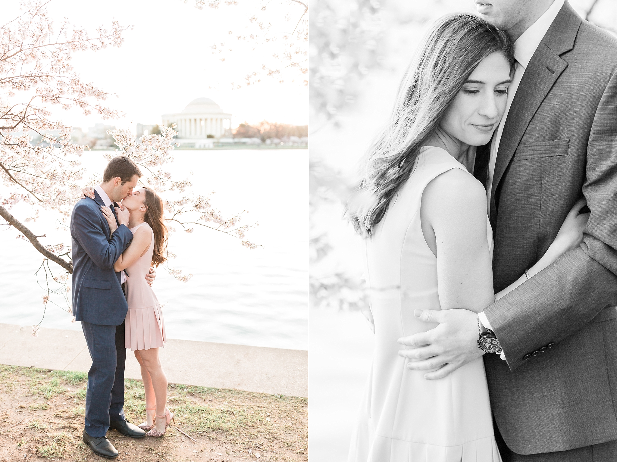 A romantic DC cherry blossom engagement session during peak bloom at the Tidal Basin & Jefferson Memorial. 