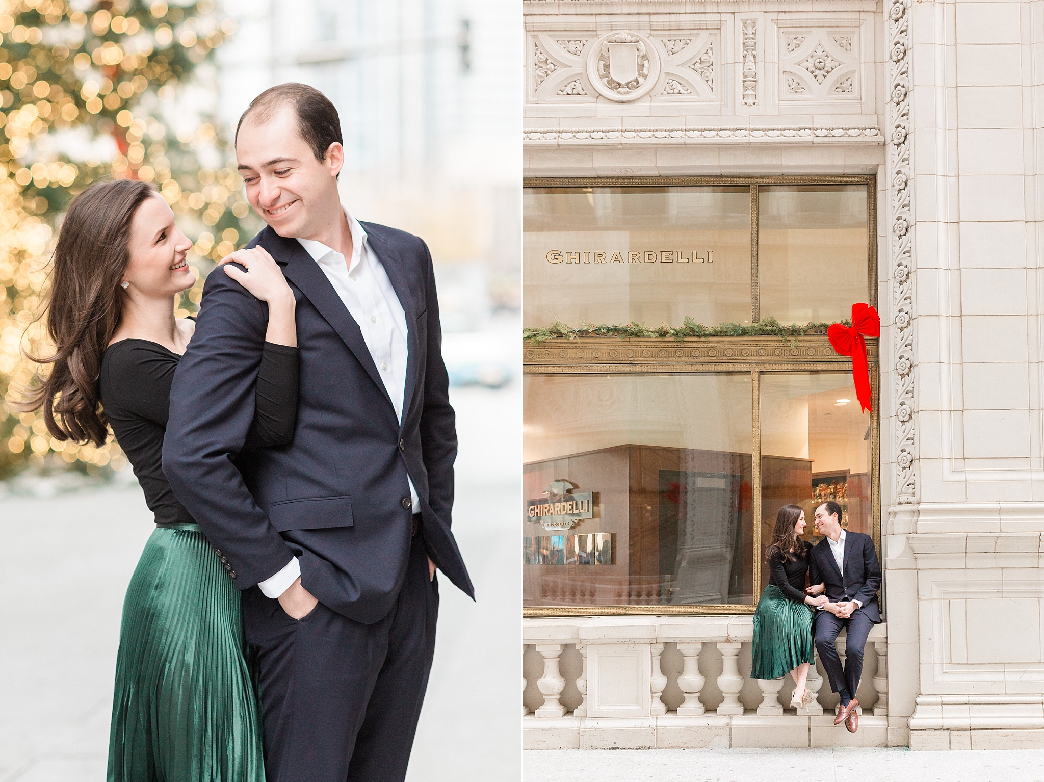 A stylish engagement session in downtown Chicago at iconic sites such as the Wrigley Building, the Riverwalk, and even in the middle of Michigan Avenue!