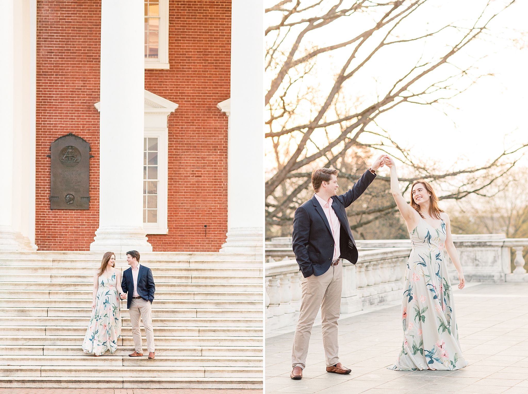 This fine art engagement session on the beautiful campus at the University of Virginia (UVA) includes the Rotunda, gardens, and other historic sites.