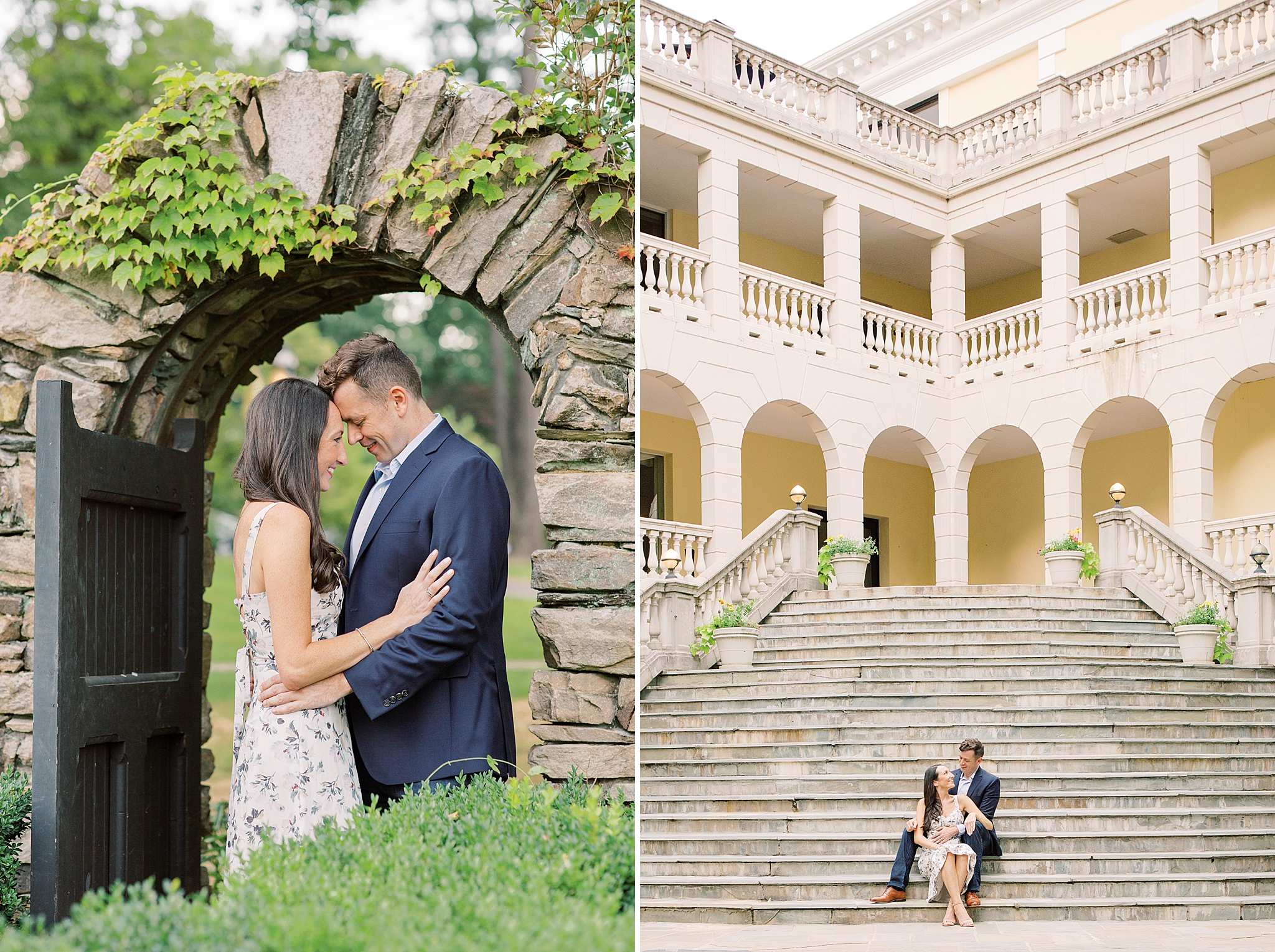 An elegant garden engagement session at Airlie Center in Warrenton, VA featuring a goldendoodle puppy.