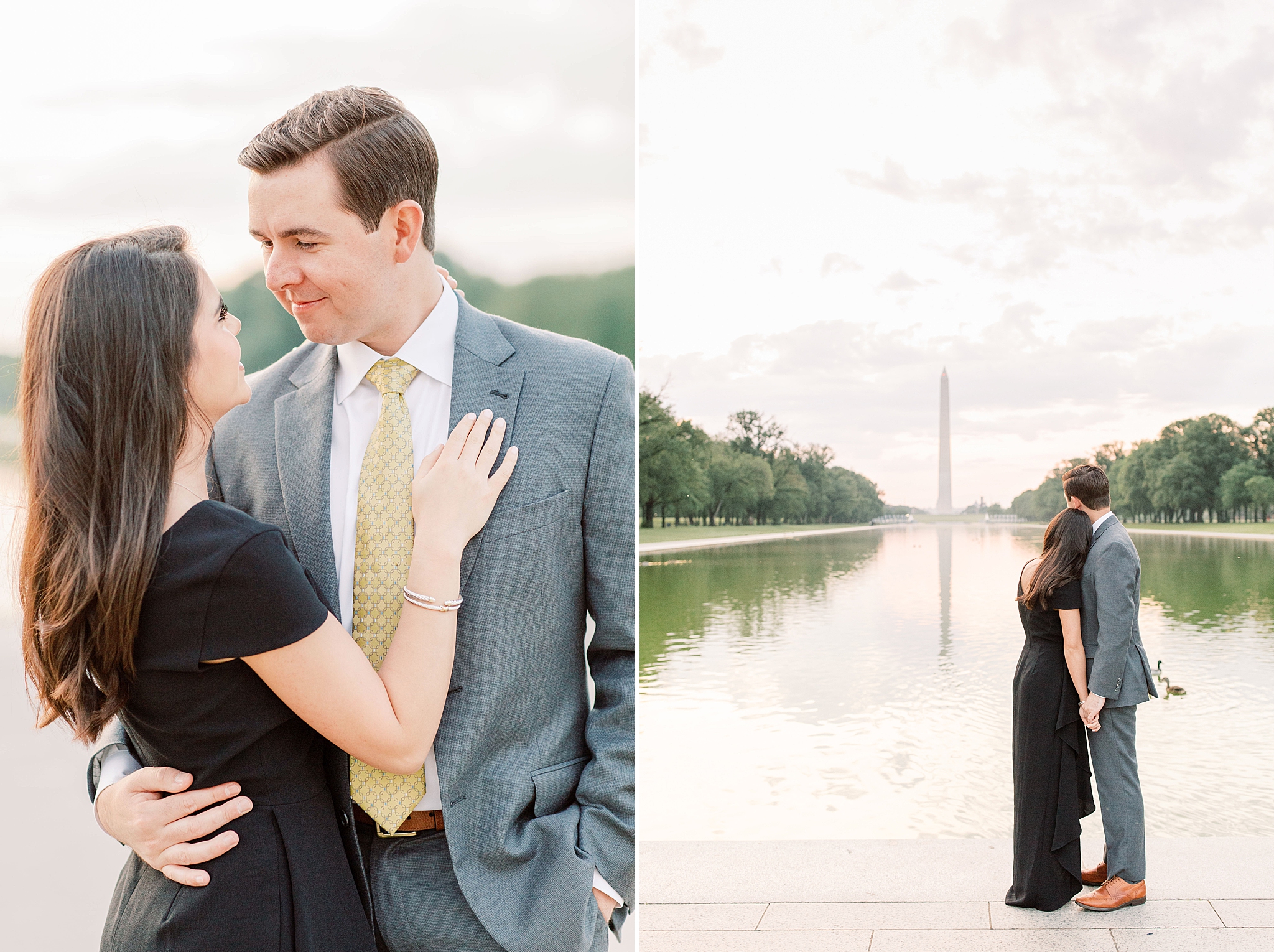 A stunning sunrise engagement session in Washington, DC at locations including the Lincoln Memorial, Constitution Gardens, and DC War Memorial.