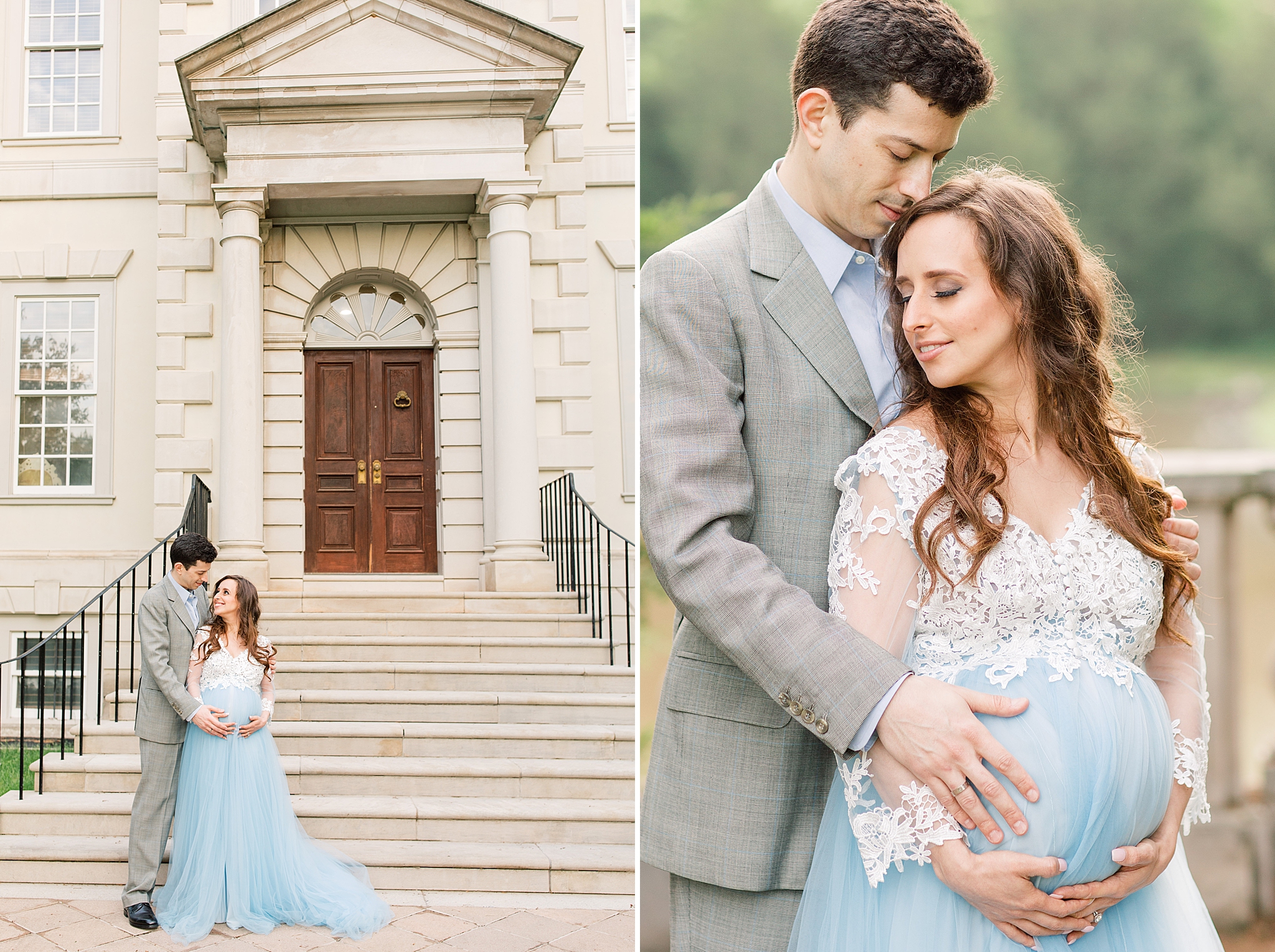 A stylish maternity session with a delicate lace and blue tulle gown at Great Marsh Estate in Bealeton, VA. 