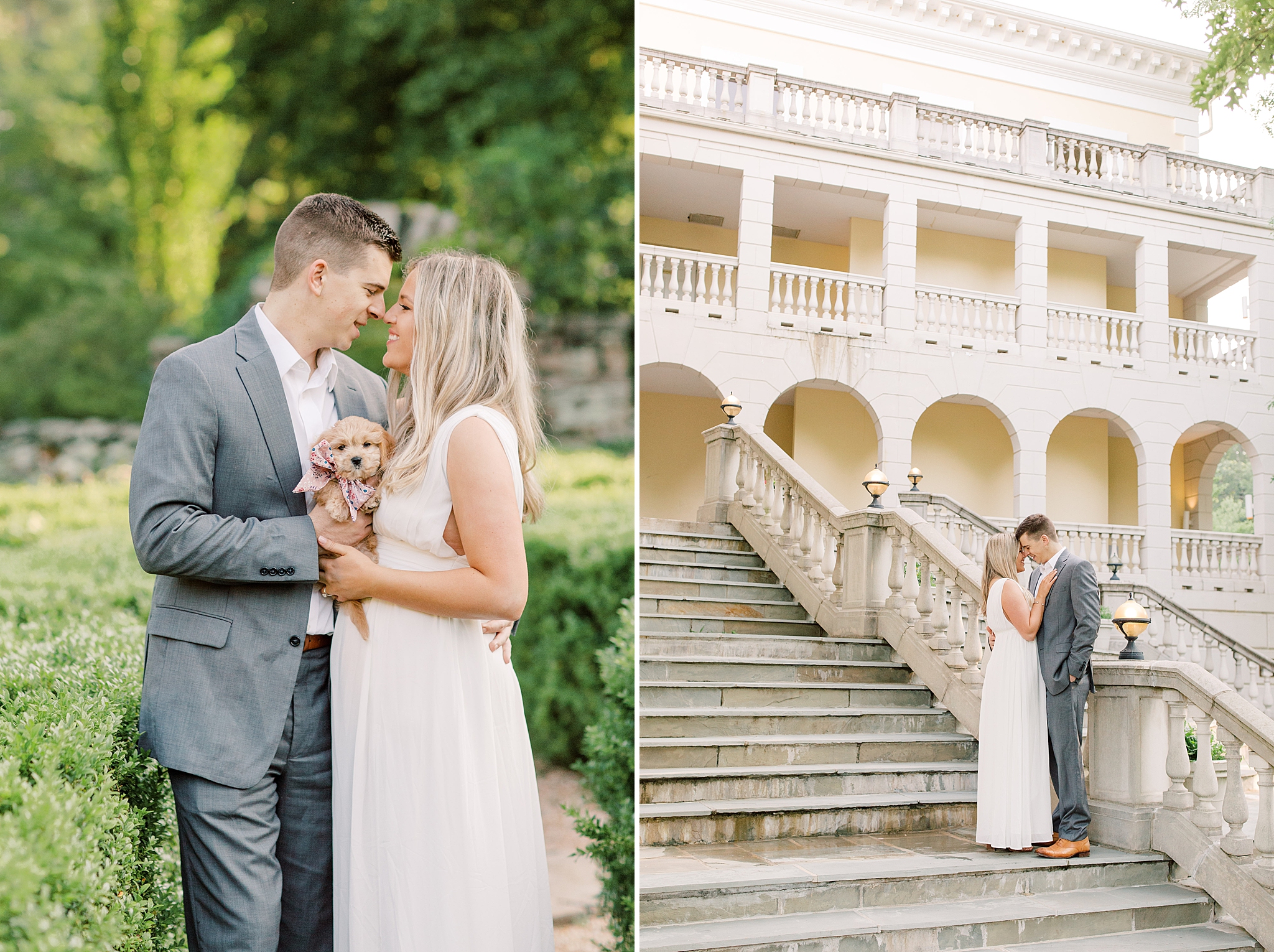 A sunrise engagement session in the gardens at Airlie Center in Warrenton, VA featuring an adorable 9-week old puppy!