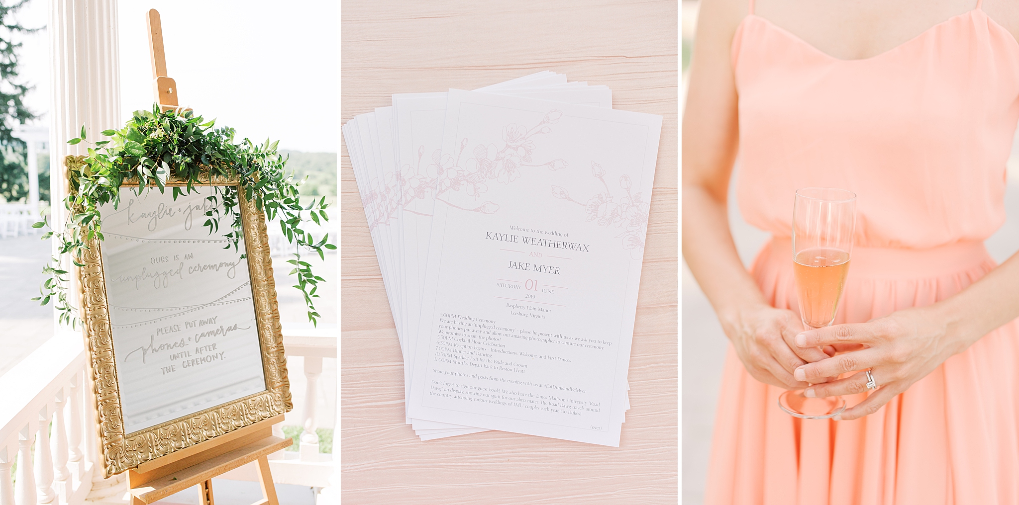 A summer wedding at Raspberry Plain Manor in Leesburg, VA featuring a cream and gold color palette with pops of greenery.
