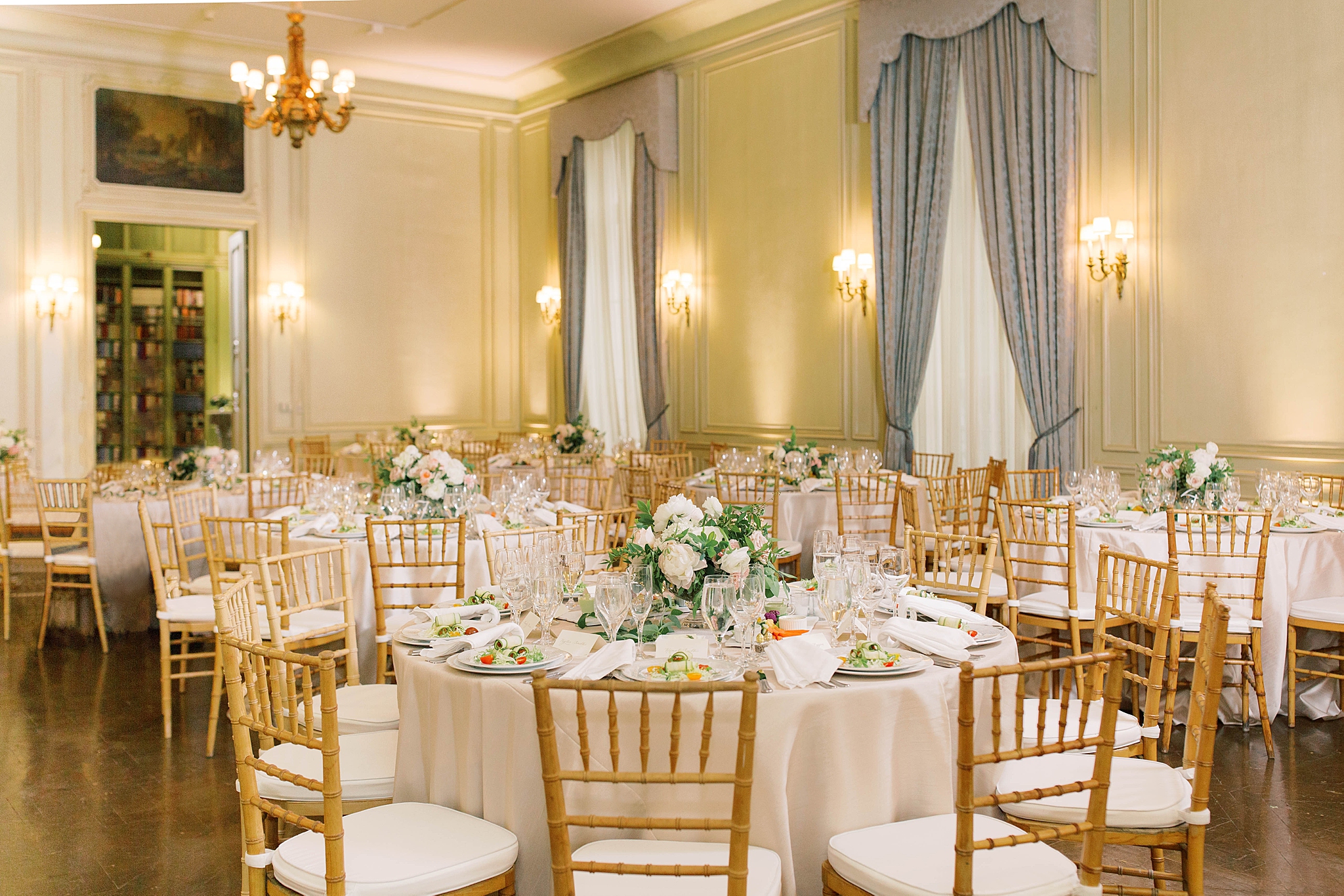 Reception decor for a wedding at the Meridian House in Washington, DC.