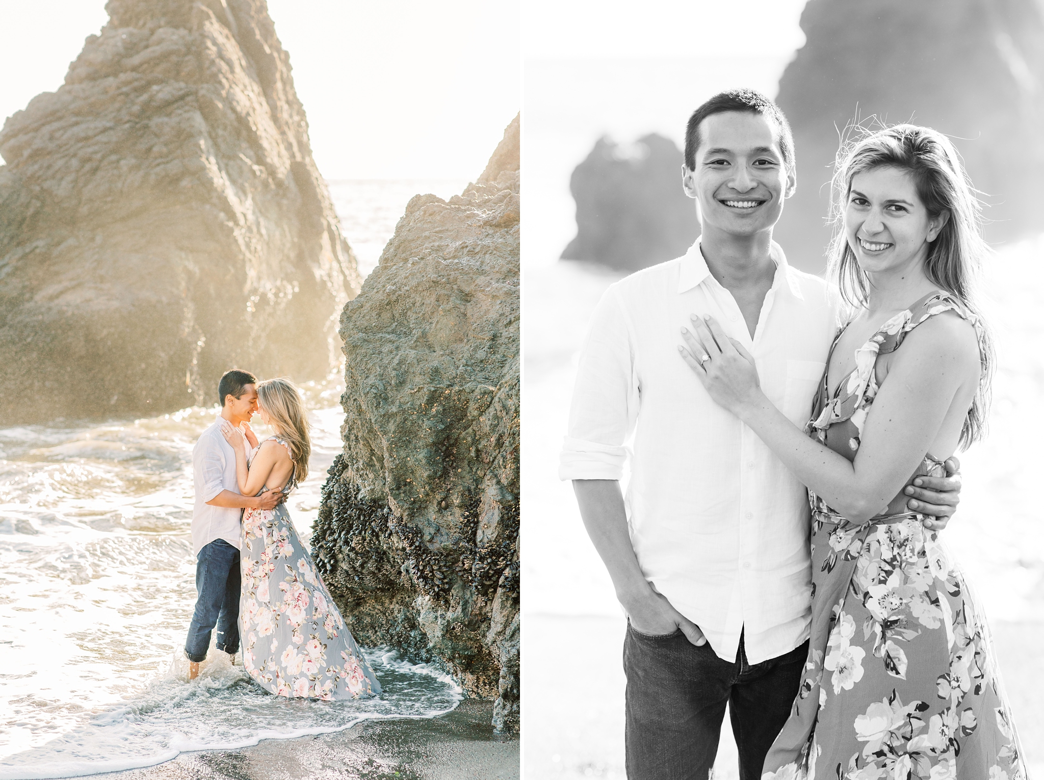 A romantic sunset engagement session at Rodeo Beach in Marin Headlands and Sutro Baths outside of San Francisco, CA. 